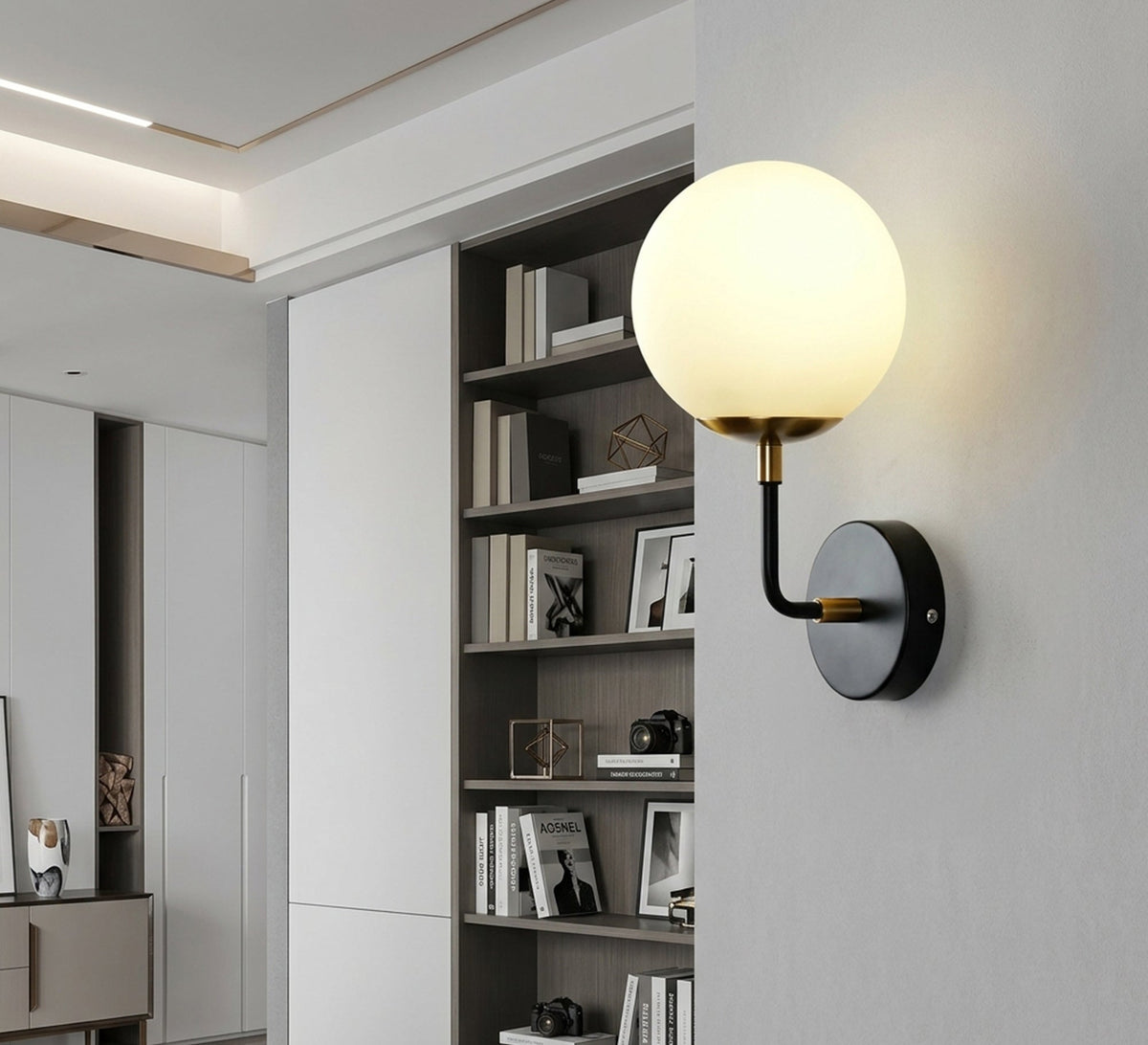 Black Curved Arm Upward Globe Sconce - Vitrine Furniture - Wall Sconce