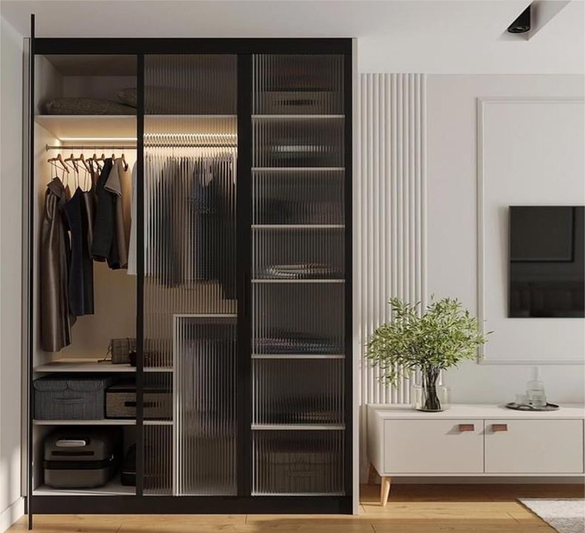Elegant Black Dresser with Glass Leaf Design