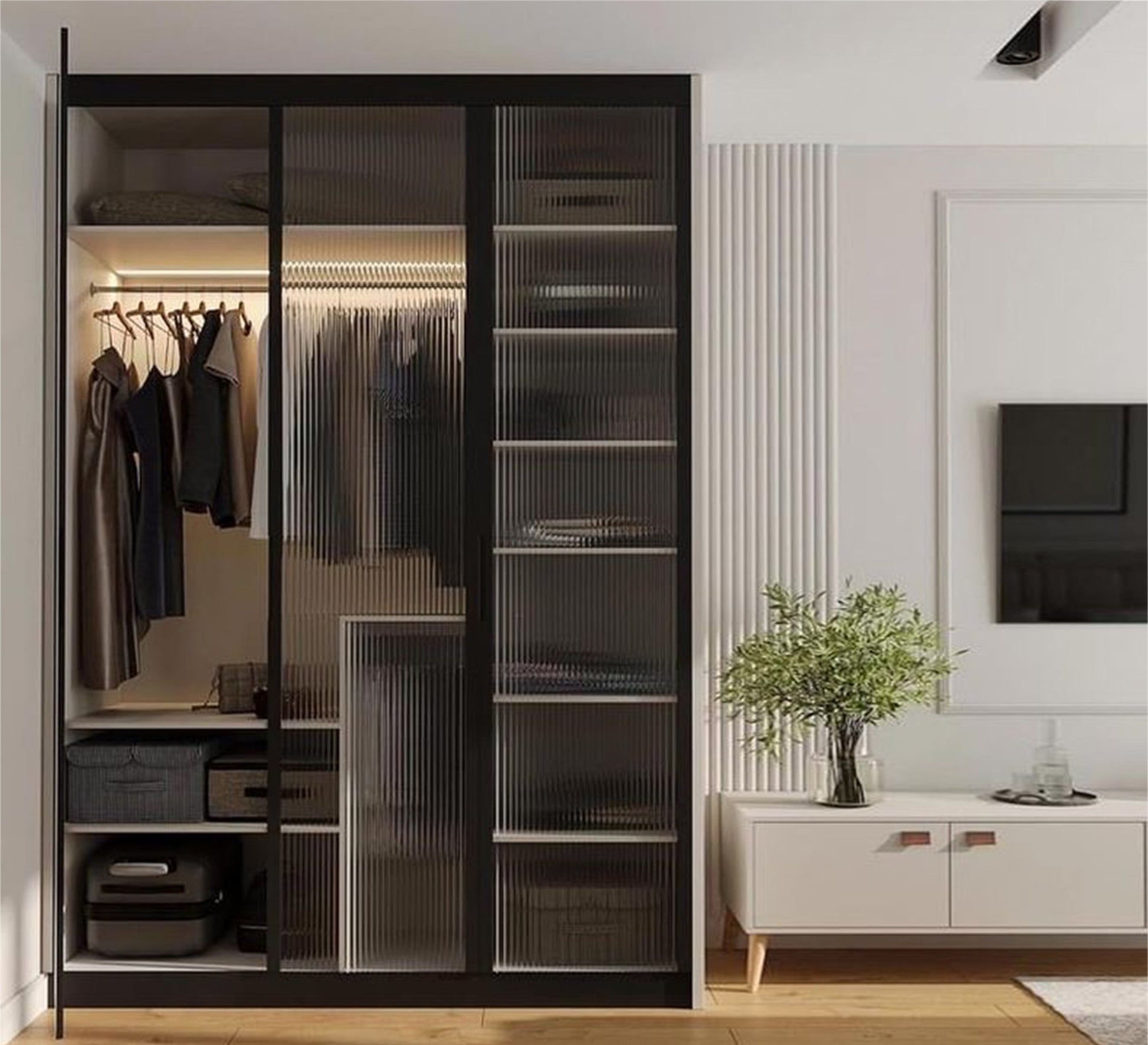 Black Dresser with Glass Leaf, Modern & Chic Design - Vitrine Furniture - Furniture