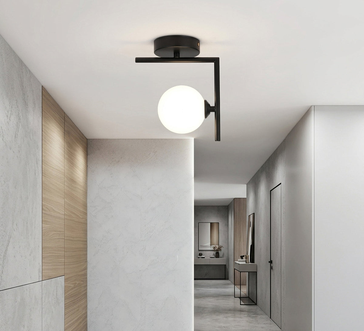 Black L-Frame Opal Globe Ceiling Light - Vitrine Furniture - Ceiling lights
