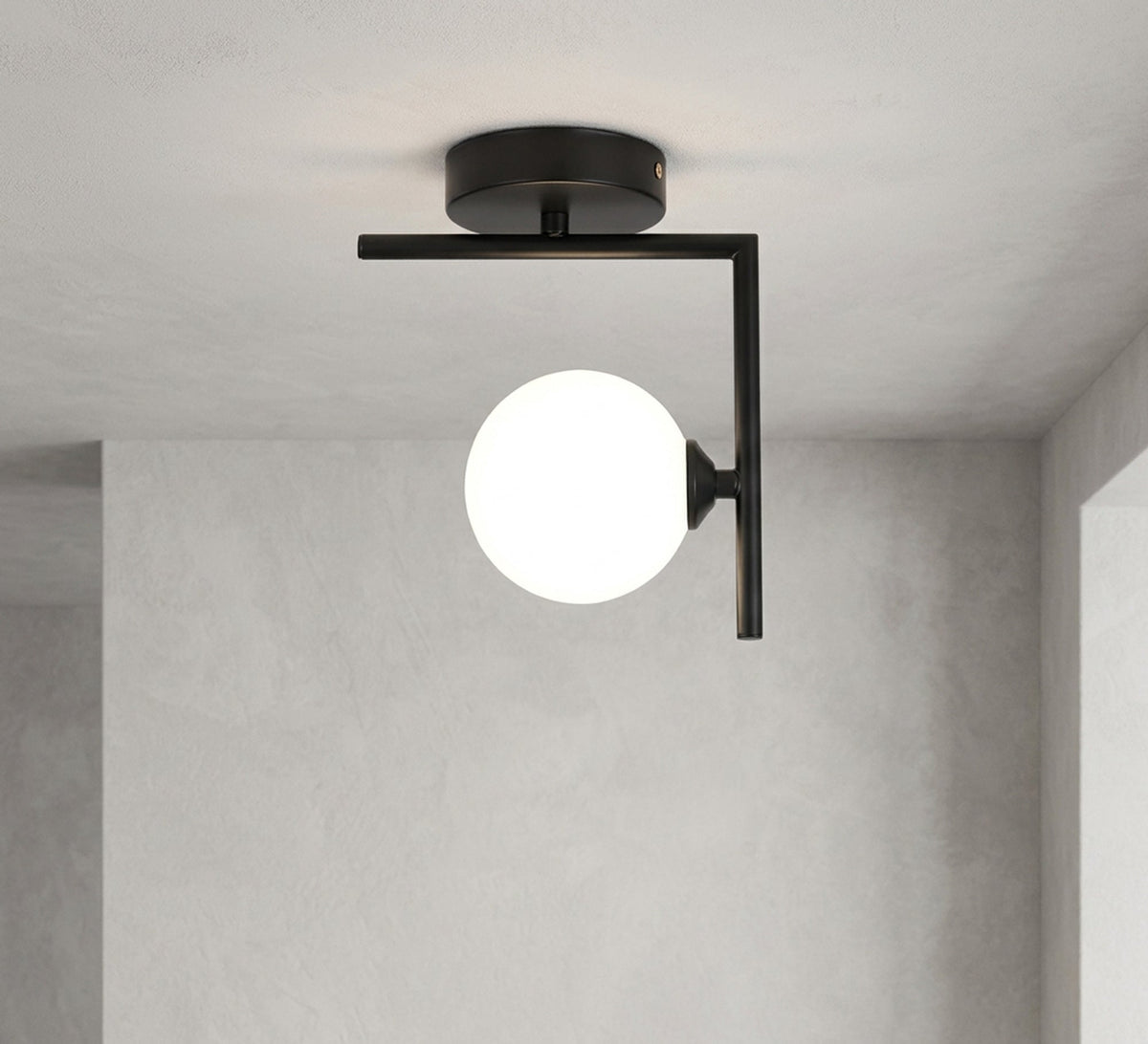 Black L-Frame Opal Globe Ceiling Light - Vitrine Furniture - Ceiling lights