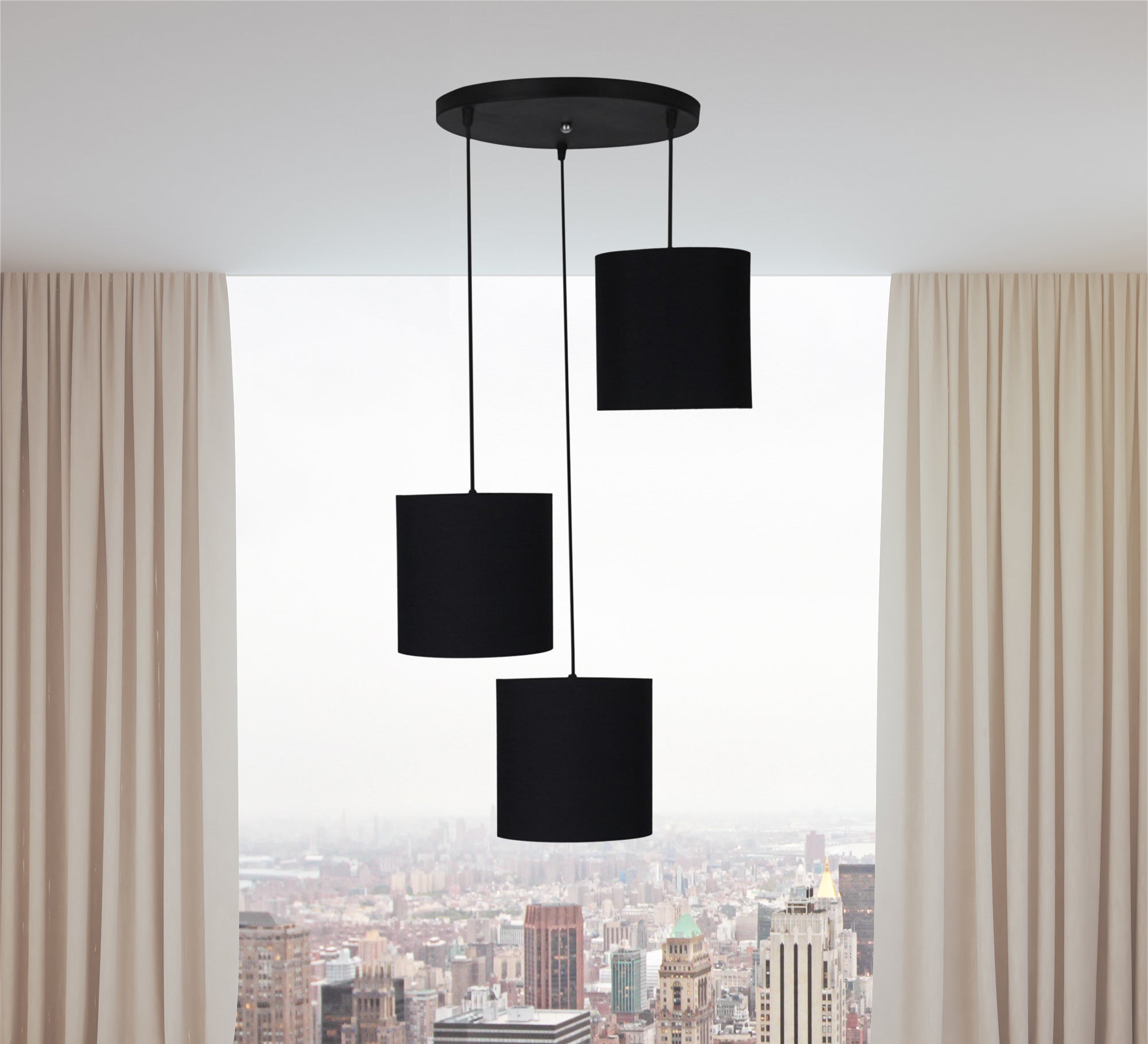 Black Light Fixture with Circular Base and Three Cylindrical Shaped Pendants - Vitrine Furniture - Lighting