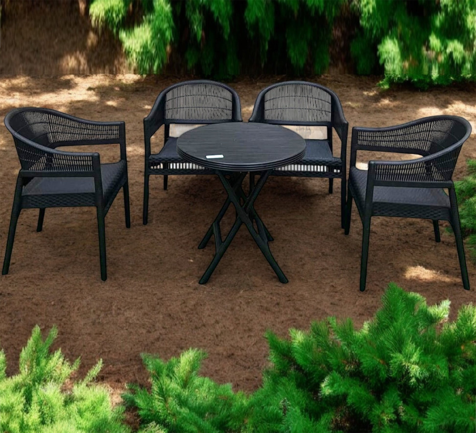 Black patio set, round, gray cushions, comfortable - Vitrine Furniture - Outdoor Products