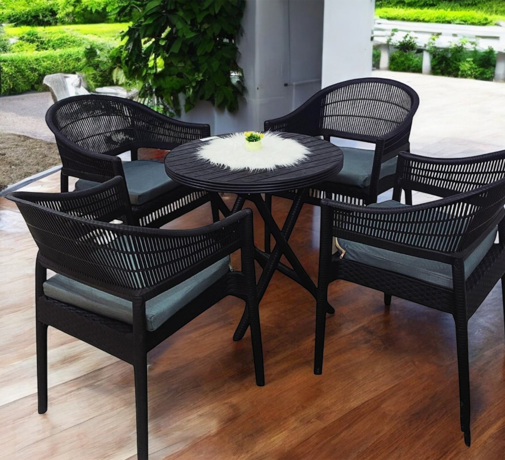 Black patio set, round, gray cushions, comfortable - Vitrine Furniture - Outdoor Products