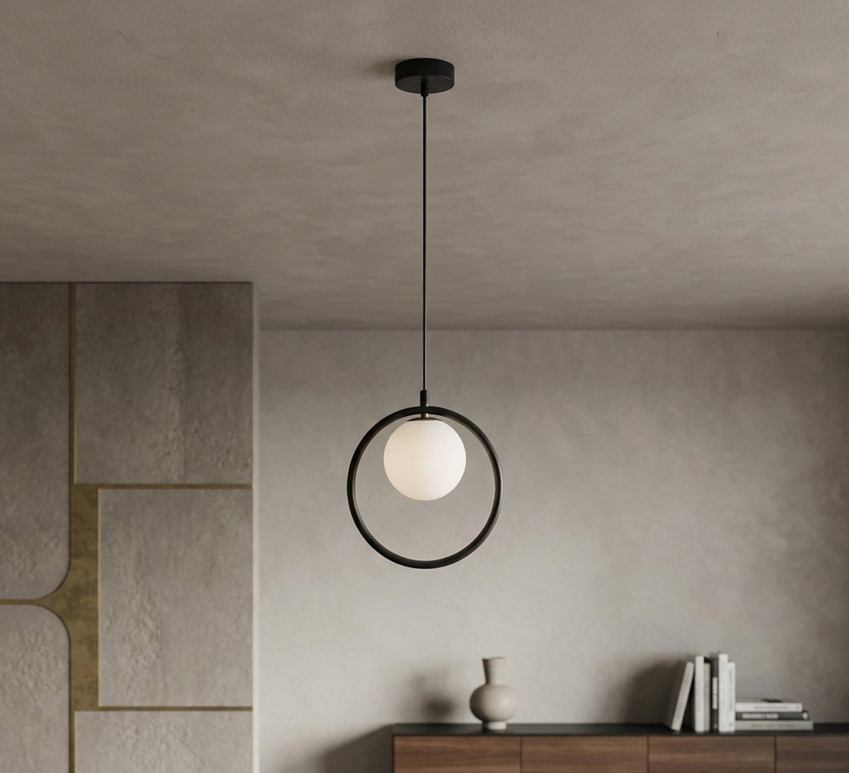 Black Ring Pendant with White Globe - Vitrine Furniture - Ceiling lights