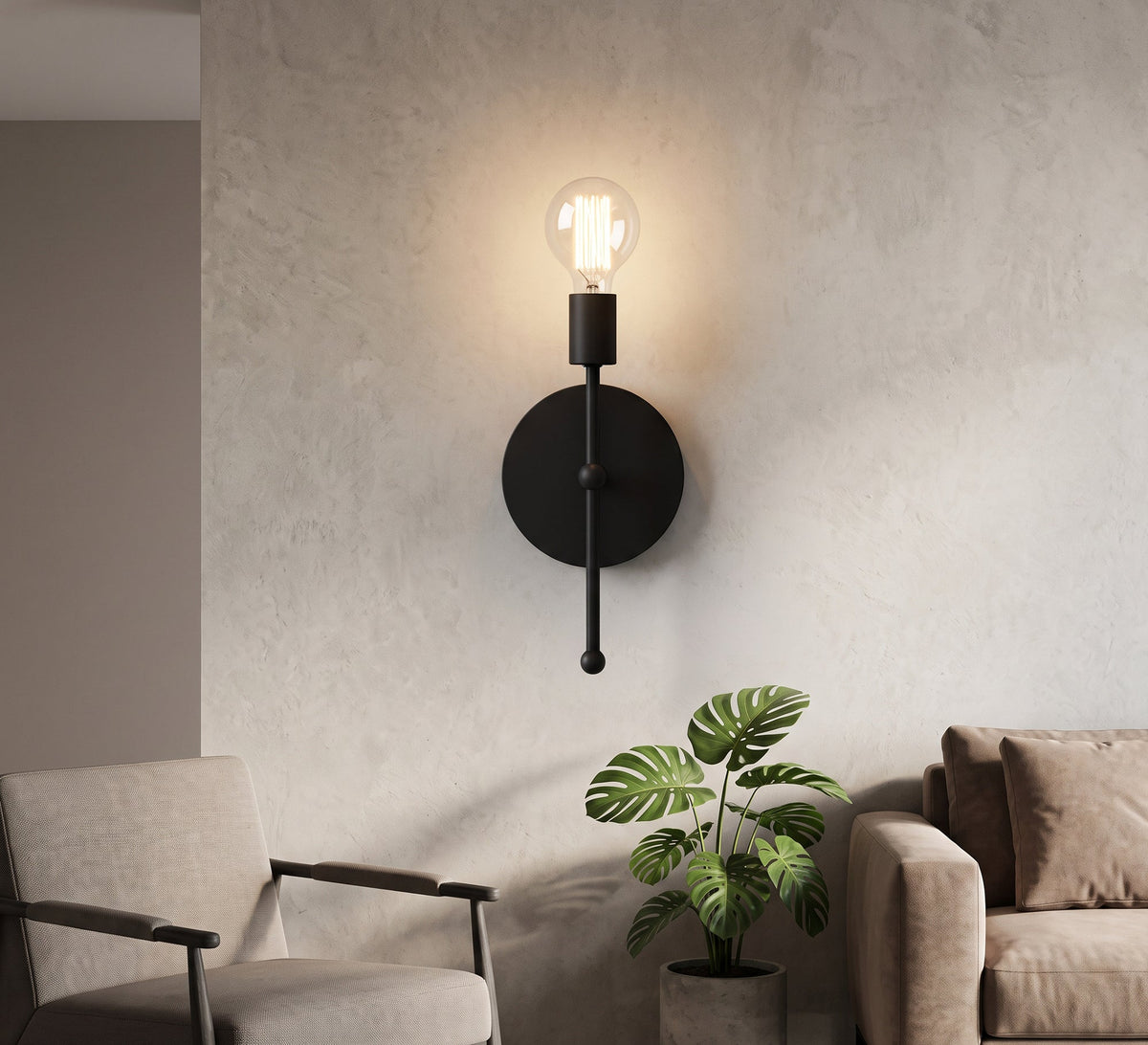Black Round Plate Vertical Rod Sconce - Vitrine Furniture - Wall Sconce