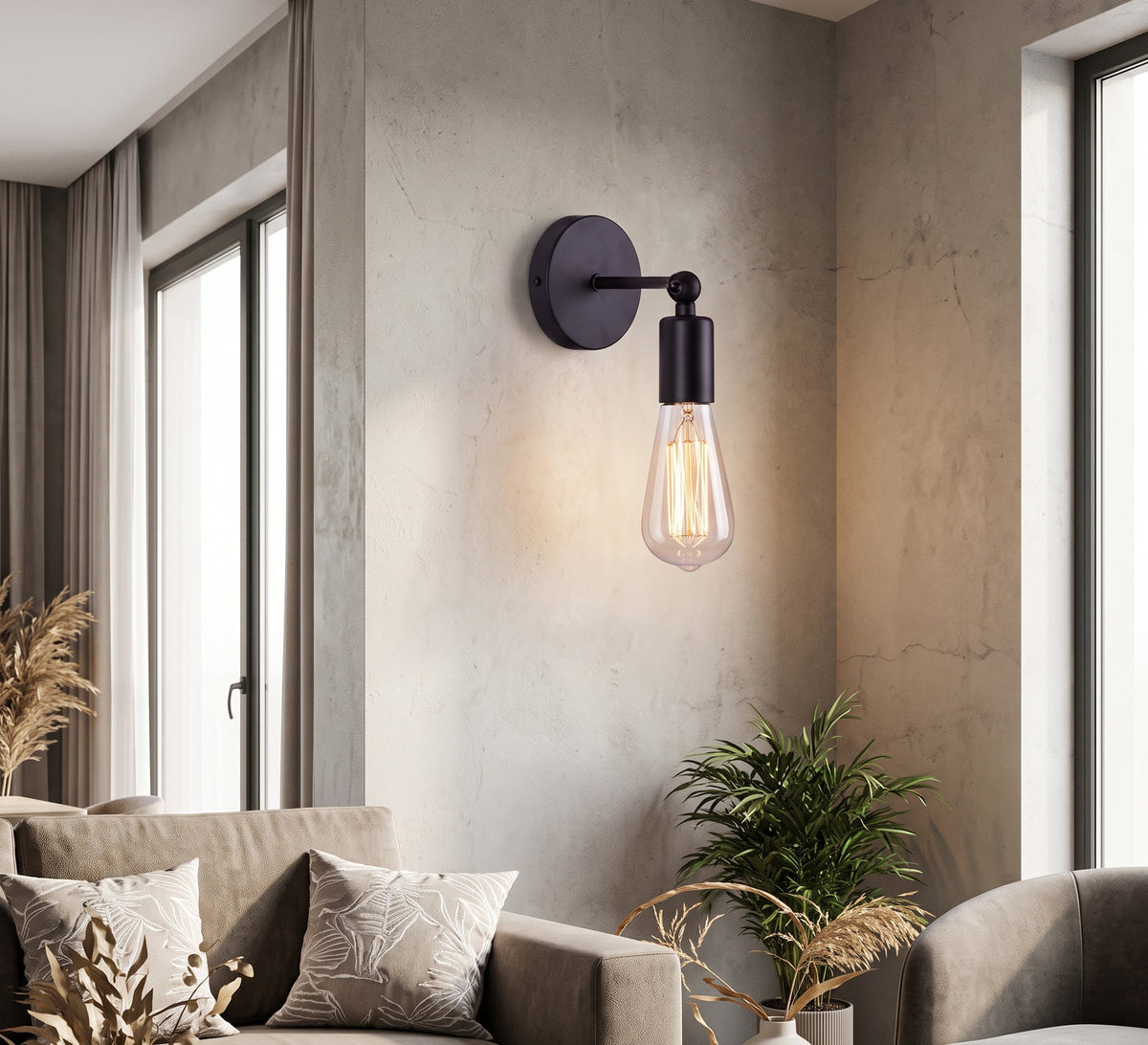 Black Short Arm Exposed Bulb Sconce - Vitrine Furniture - Wall Sconce