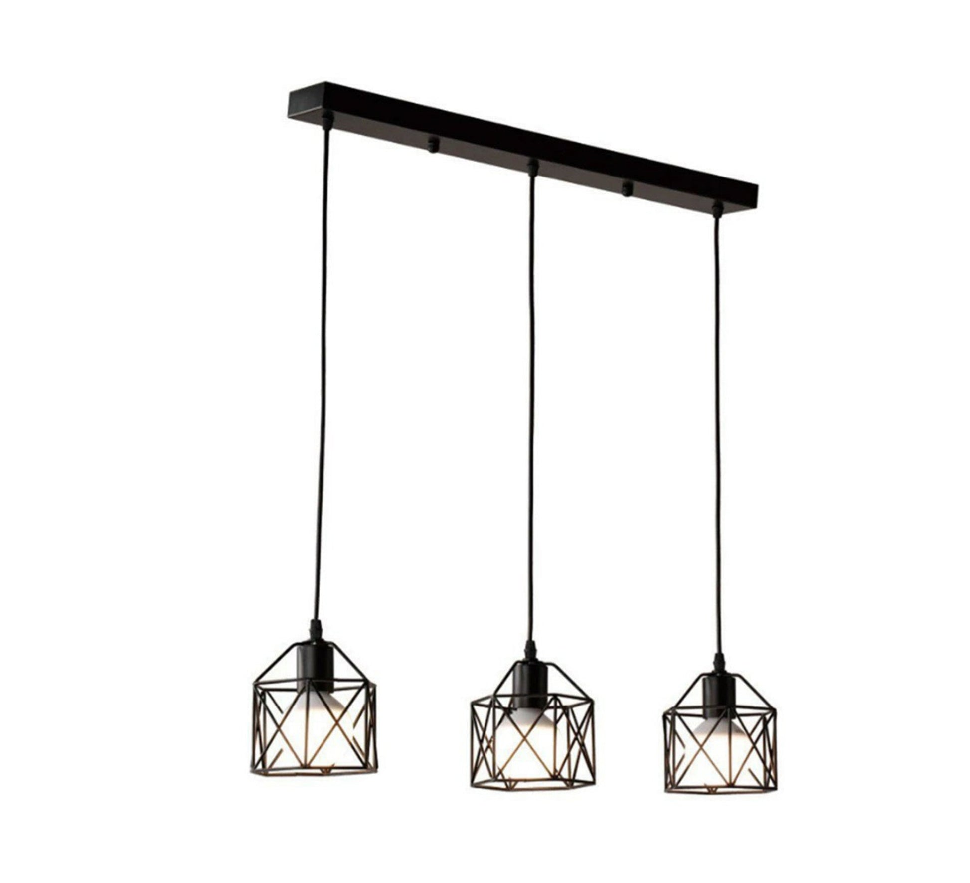 Black Triple Chandelier in a Square Black Cage Shape - Vitrine Furniture - Lighting