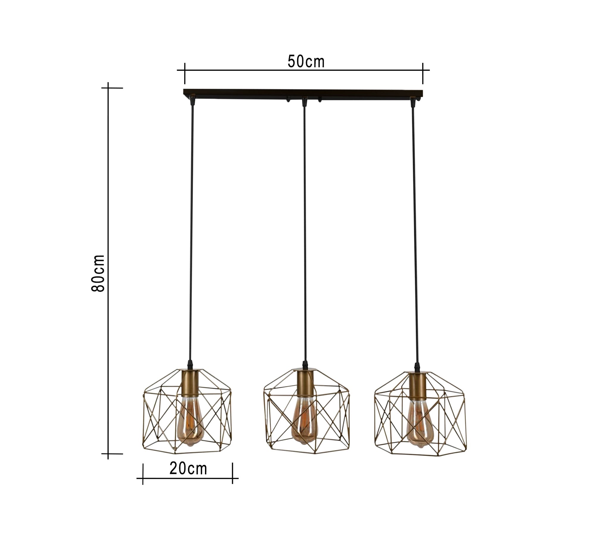 Black Triple Chandelier in a Square Golden Cage Shape - Vitrine Furniture - Lighting