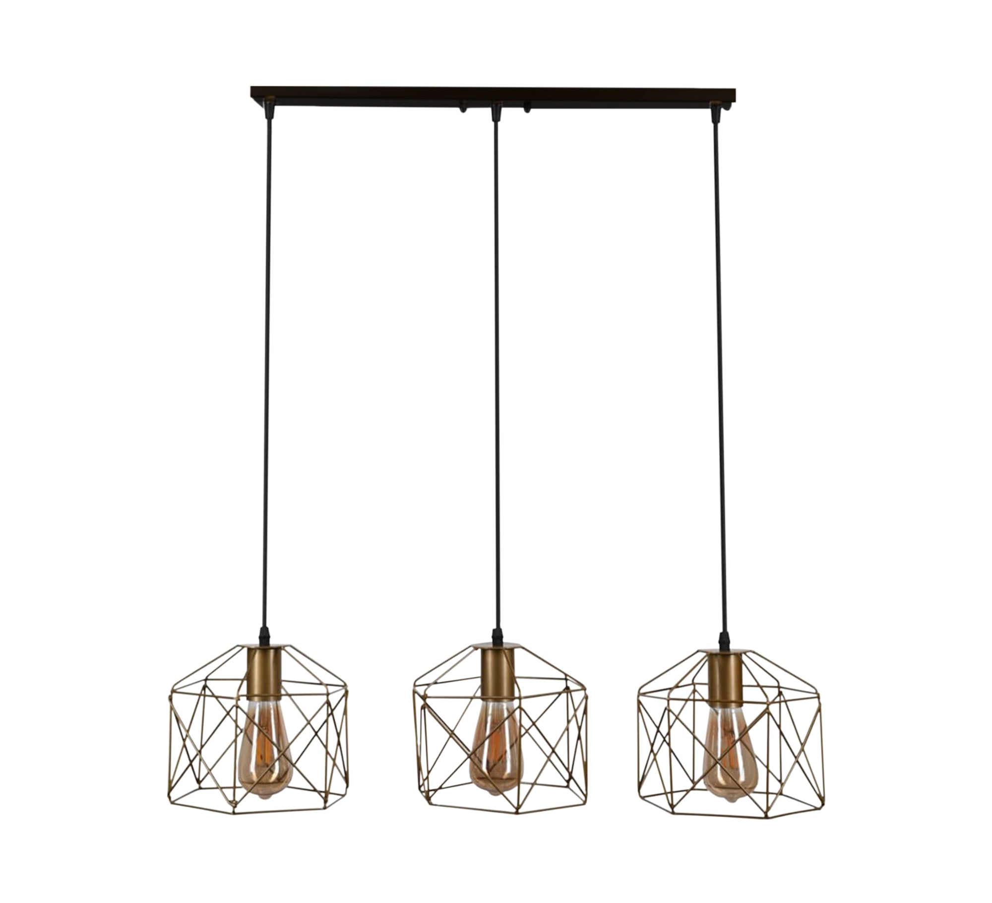 Black Triple Chandelier in a Square Golden Cage Shape - Vitrine Furniture - Lighting