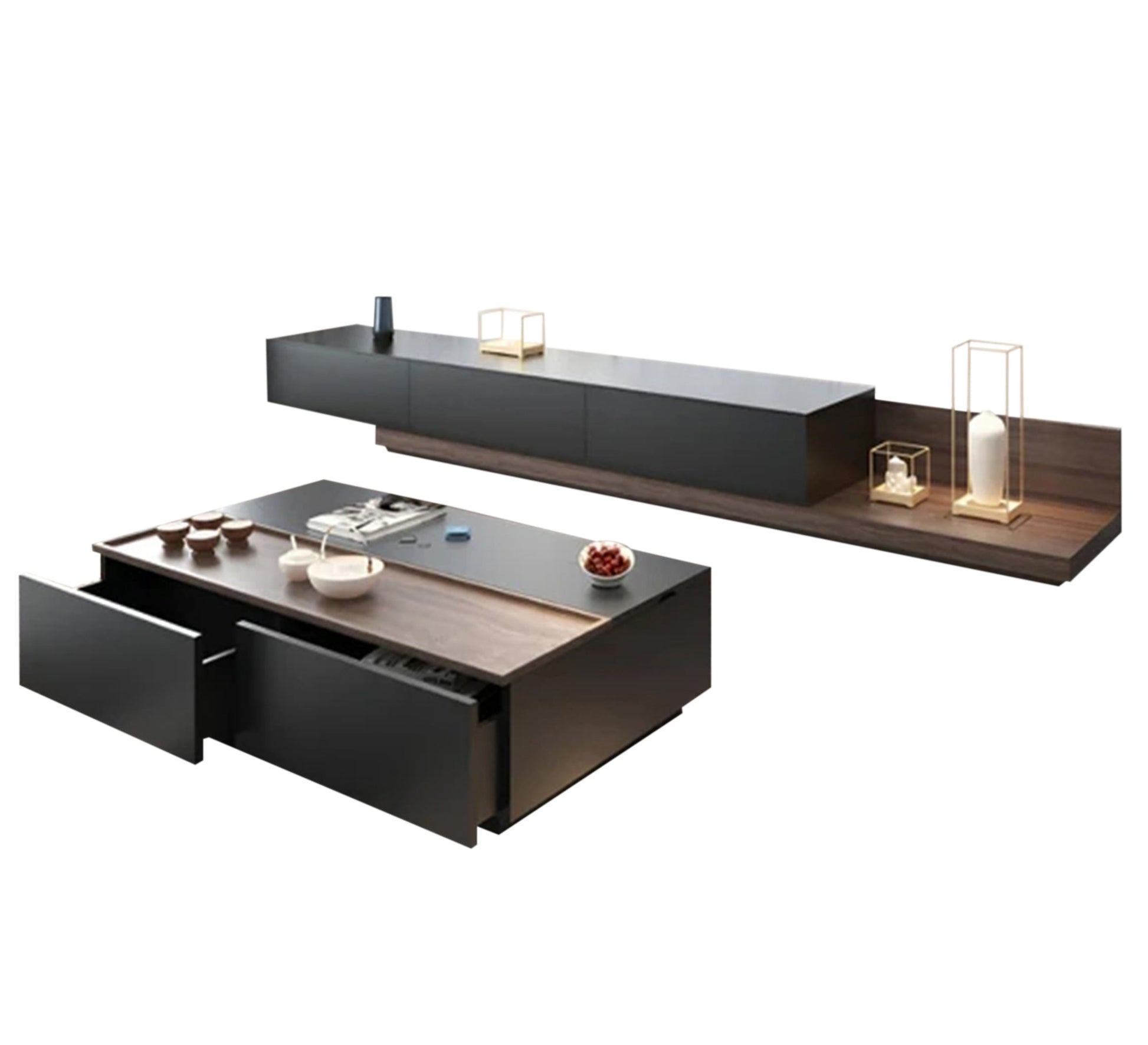 Black TV organizer and coffee table with brown overlapping - Vitrine Furniture - Furniture