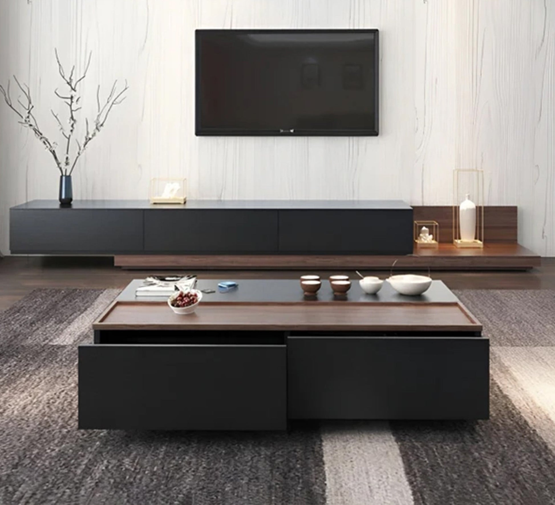 Black TV organizer and coffee table with brown overlapping - Vitrine Furniture - Furniture