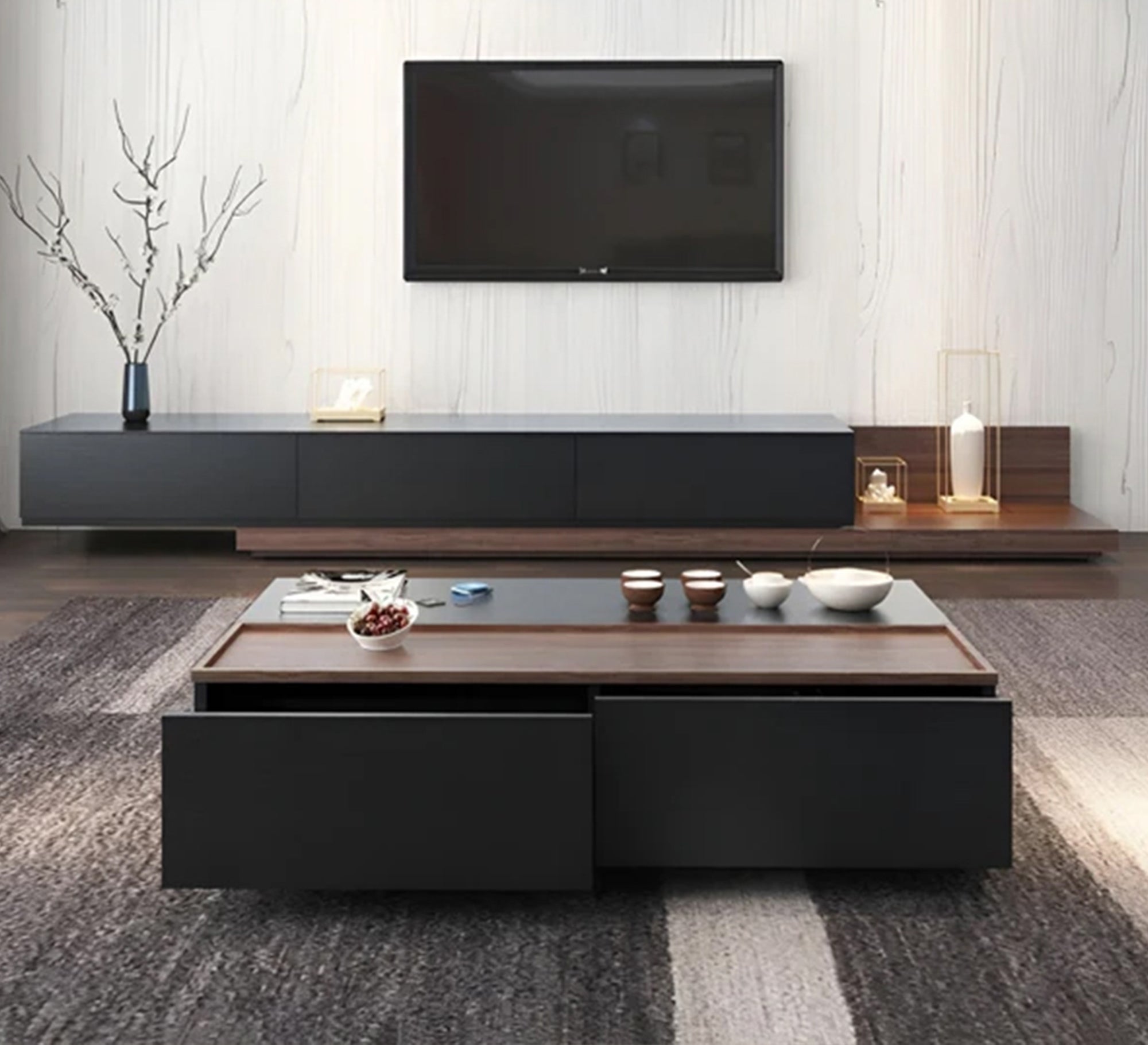 Black TV organizer and coffee table with brown overlapping - Vitrine Furniture - Furniture