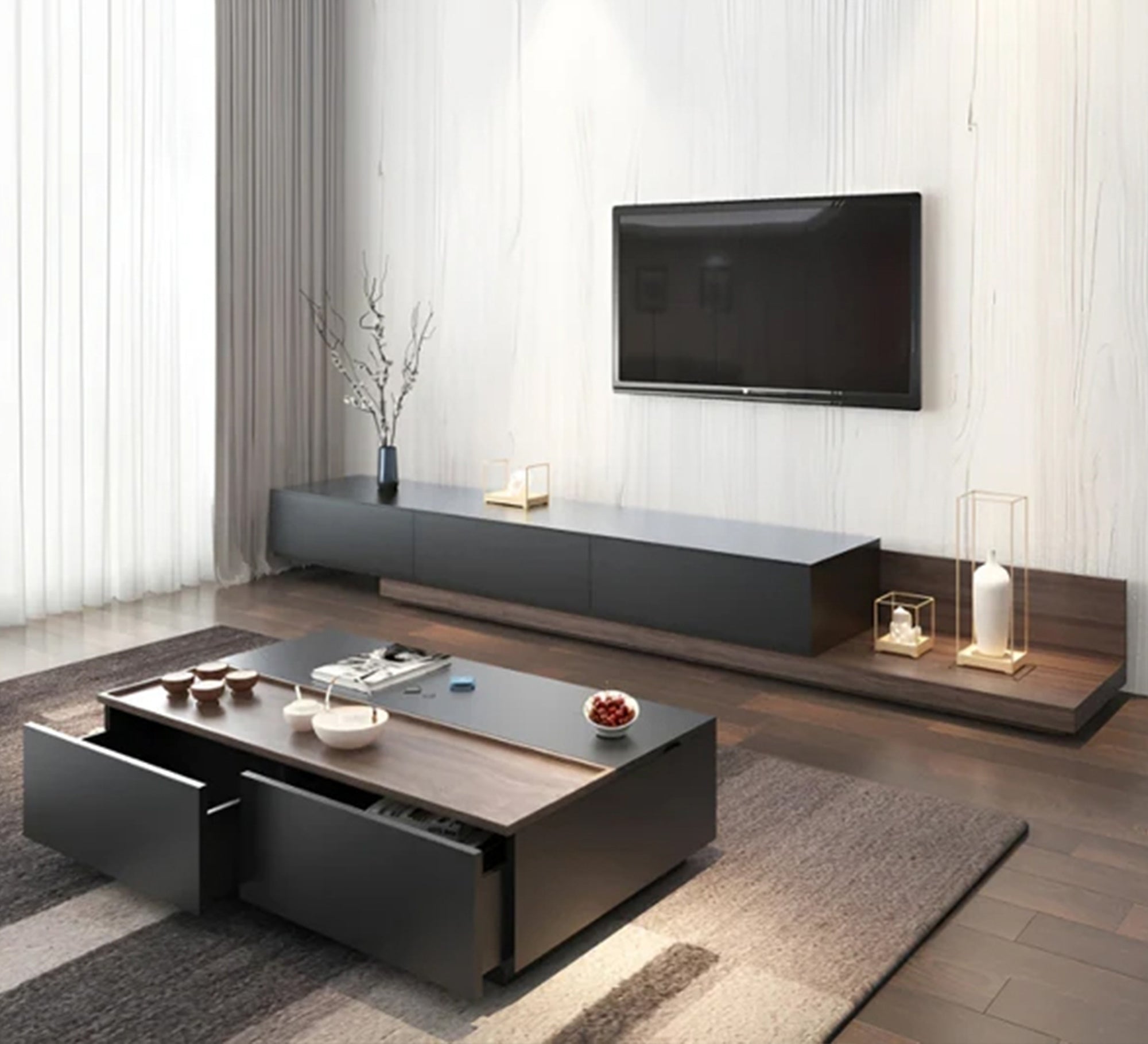 Black TV organizer and coffee table with brown overlapping - Vitrine Furniture - Furniture