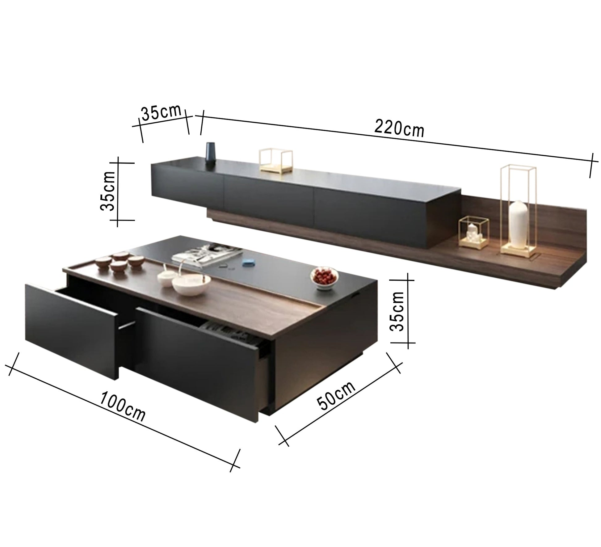 Black TV organizer and coffee table with brown overlapping - Vitrine Furniture - Furniture