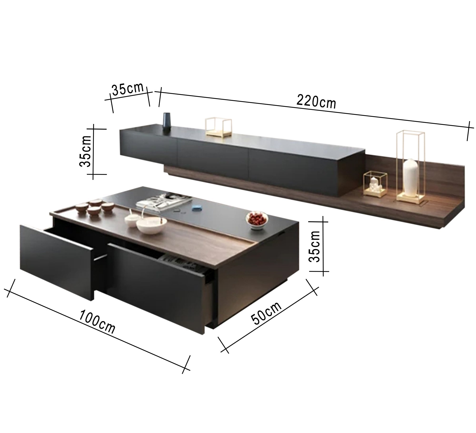 Black TV organizer and coffee table with brown overlapping - Vitrine Furniture - Furniture