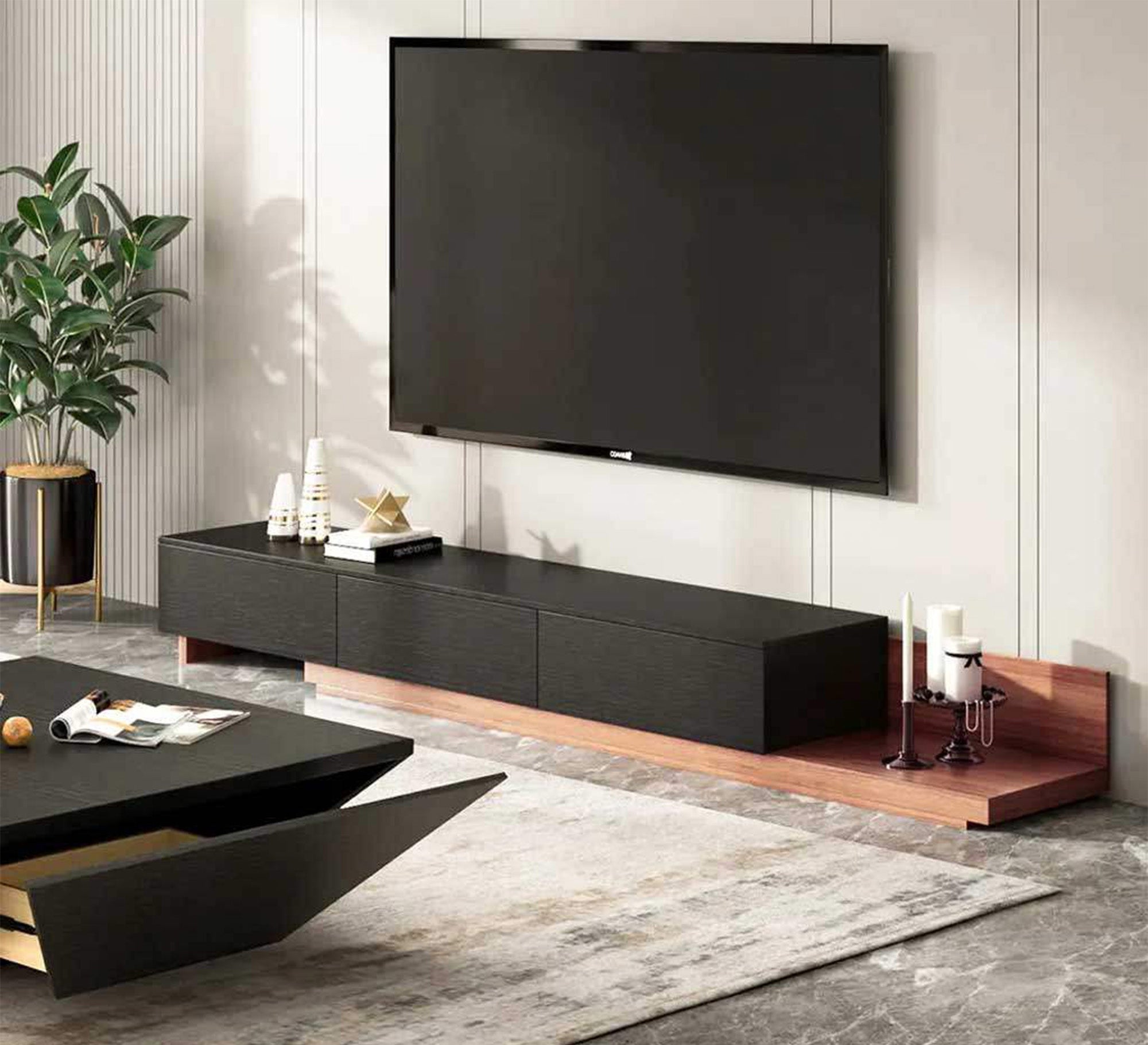 Black TV unit with wooden brown base - Vitrine Furniture - TV Table & Cabinet
