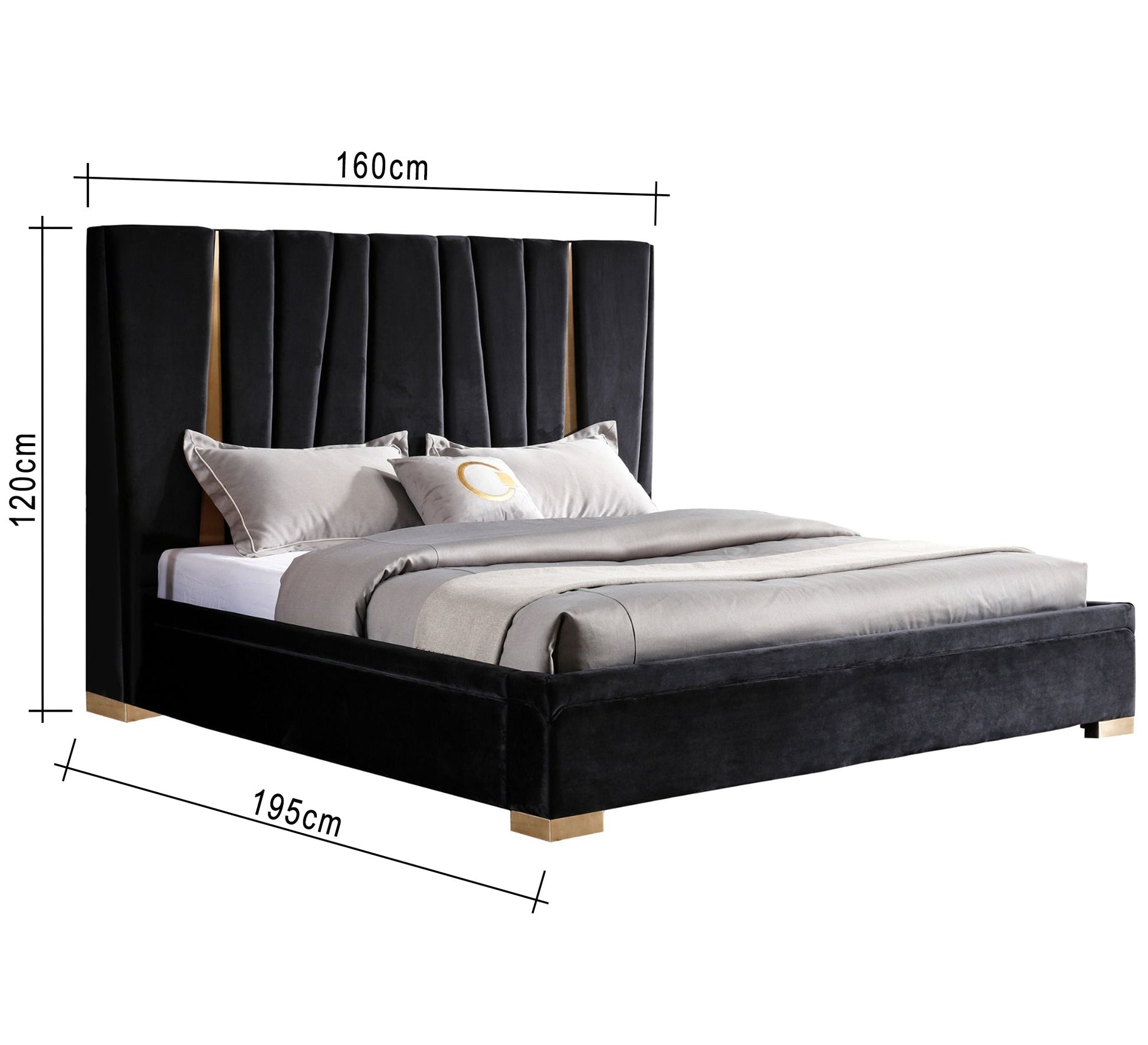 Black velvet bed with a high headboard and gold accents - Vitrine Furniture - Furniture