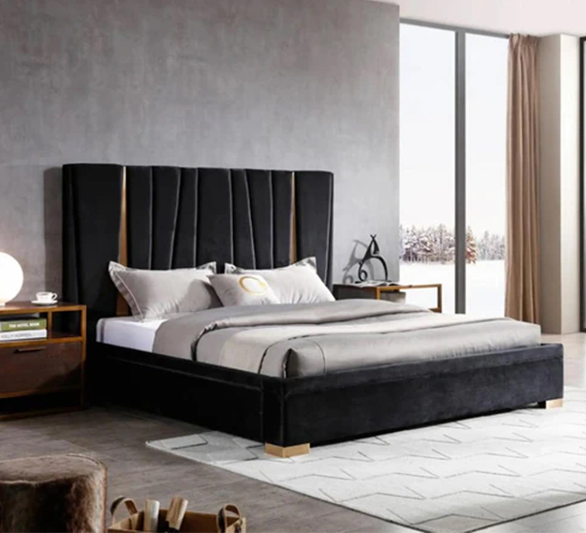 Black velvet bed with a high headboard and gold accents - Vitrine Furniture - Furniture