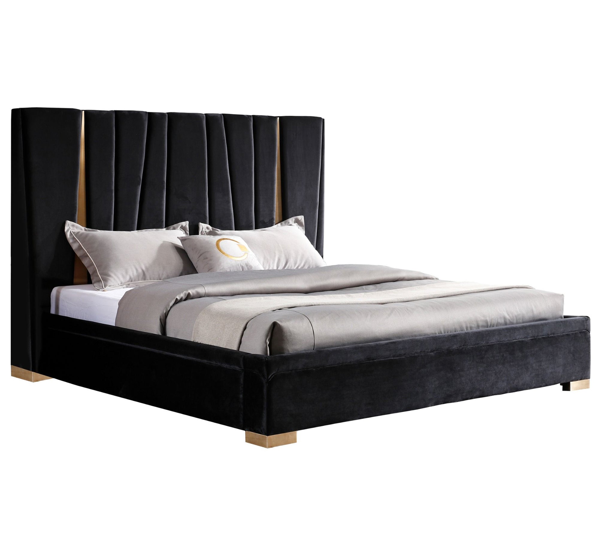 Black velvet bed with a high headboard and gold accents - Vitrine Furniture - Furniture