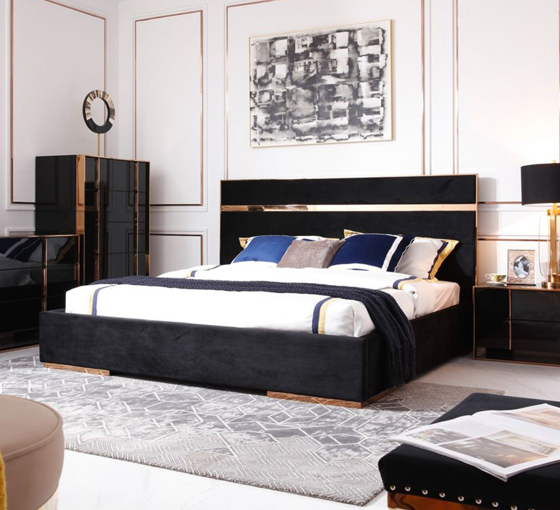Black velvet bed with elegant gold details - Vitrine Furniture - Furniture