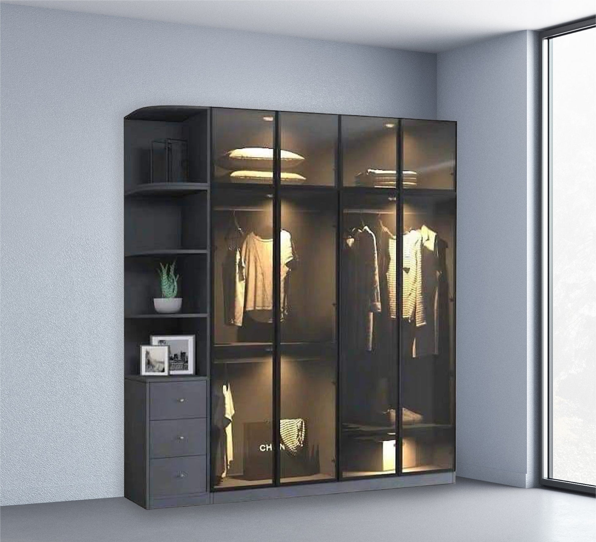 Black Wardrobe Elegant Style with Honey Glass - Vitrine Furniture - Furniture
