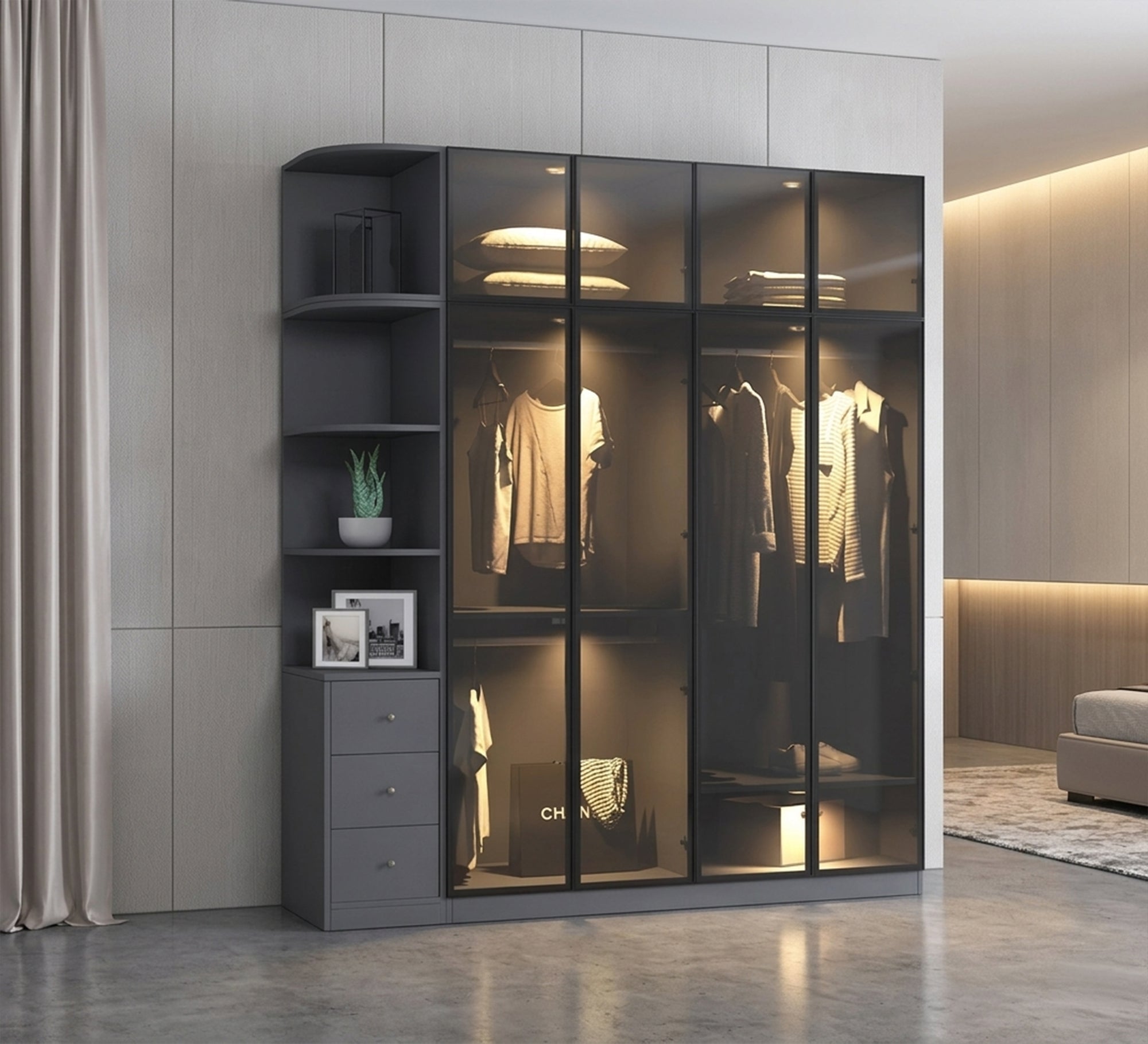 Black Wardrobe Elegant Style with Honey Glass - Vitrine Furniture - Wardrobes
