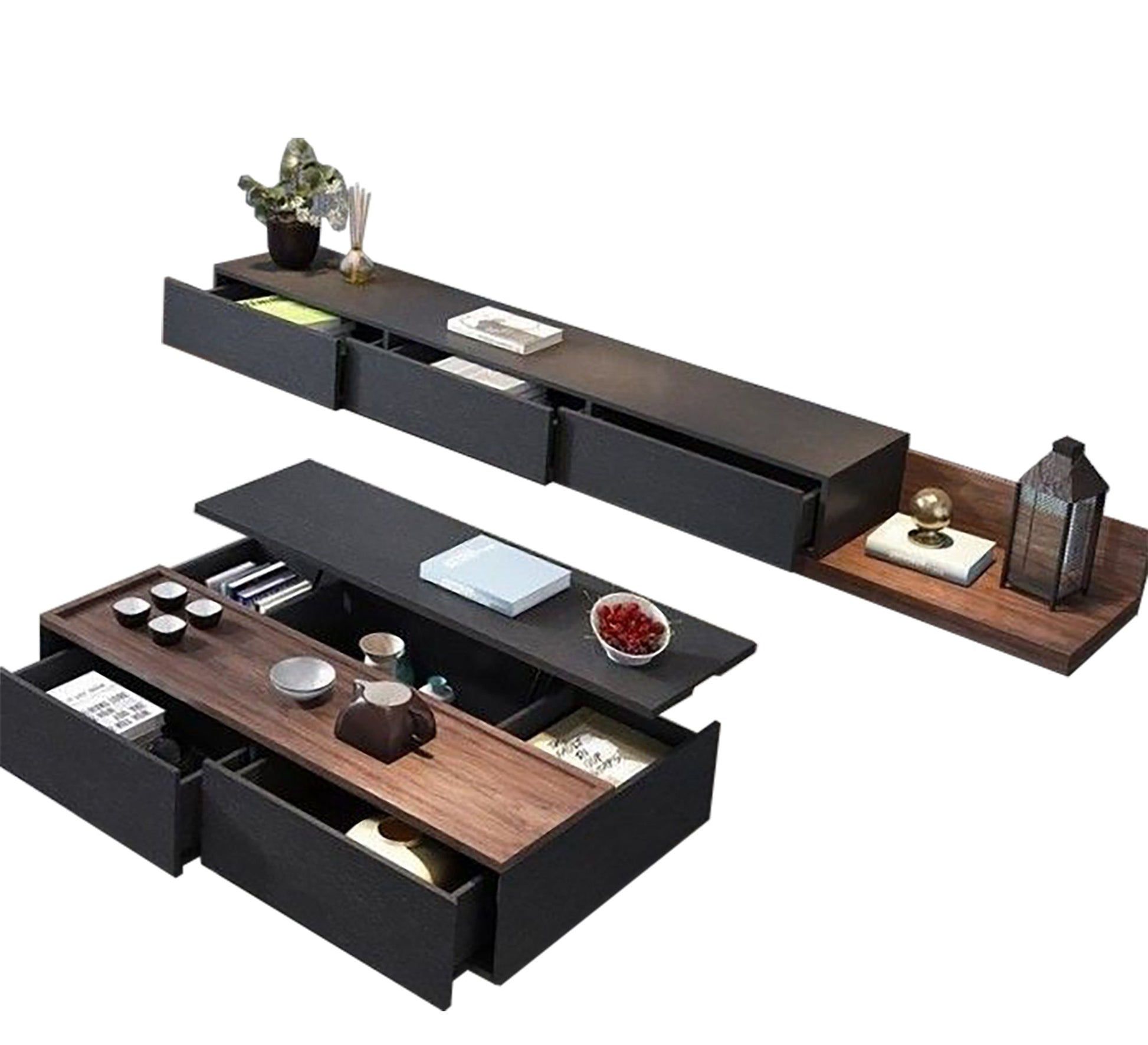 Black - Wood TV Unit & Table Duo - Vitrine Furniture - Furniture