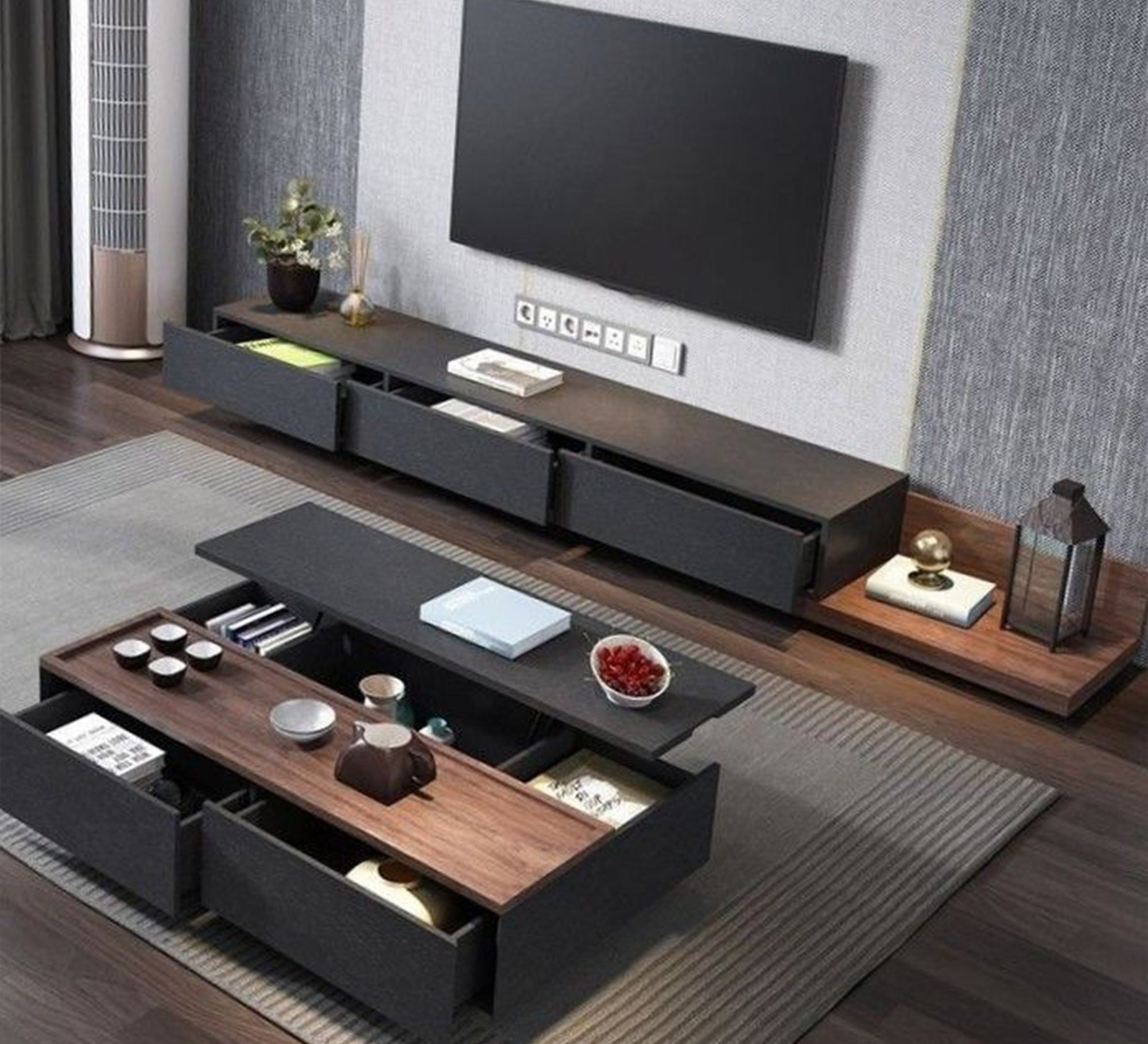 Black - Wood TV Unit & Table Duo - Vitrine Furniture - Furniture
