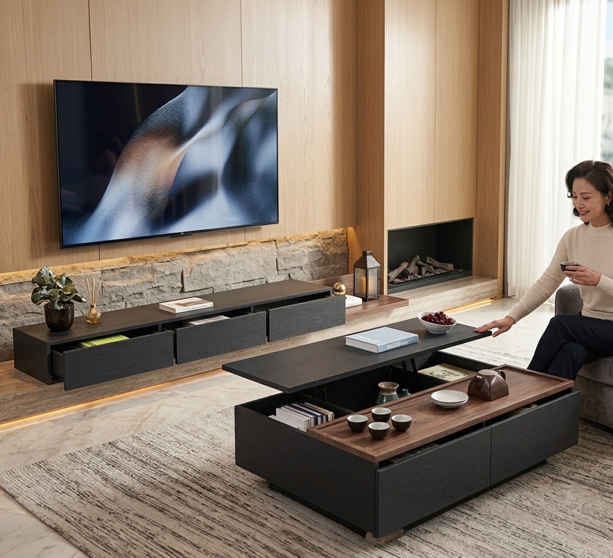 Black - Wood TV Unit & Table Duo - Vitrine Furniture - TV Table & Cabinet