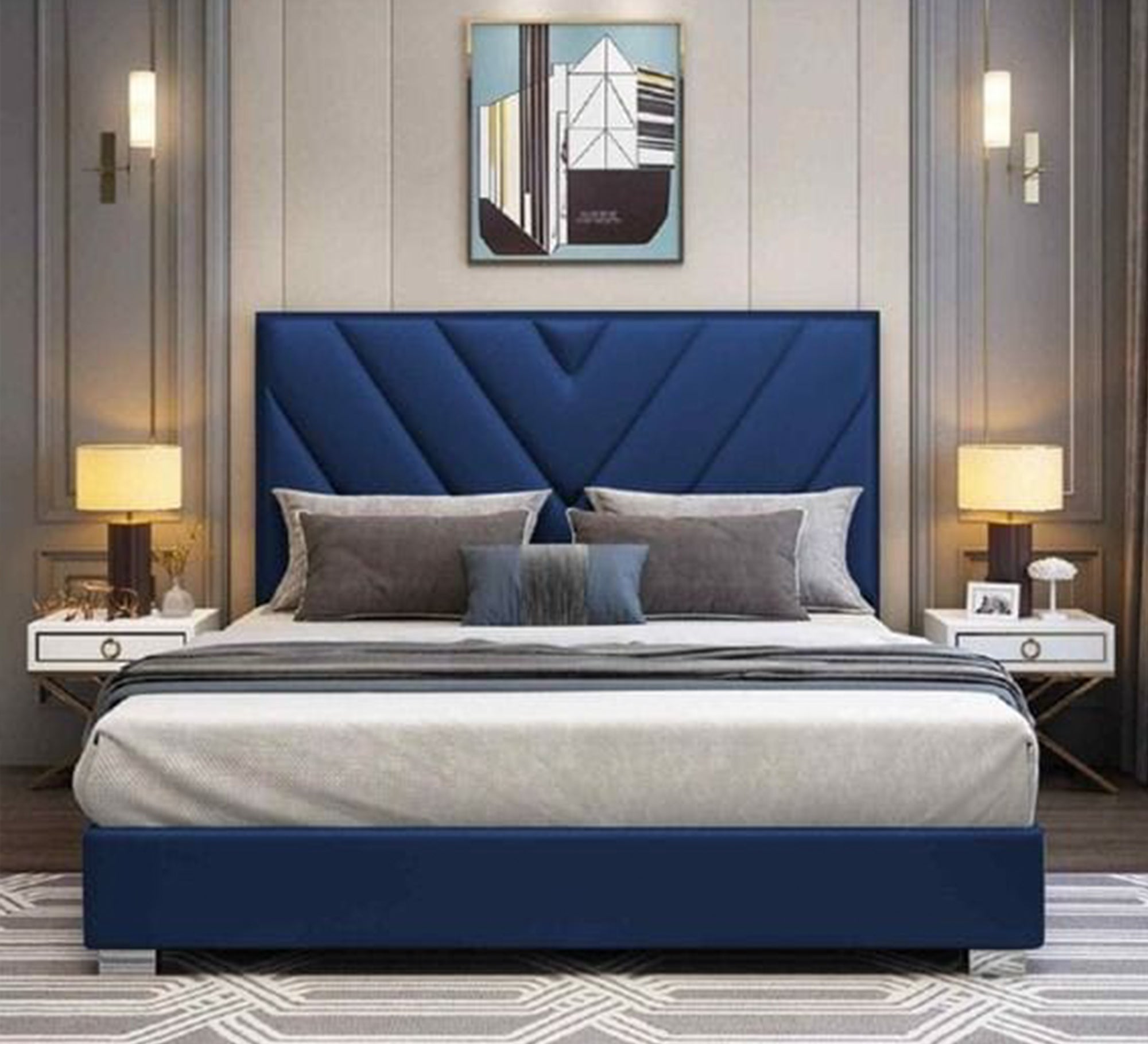 Blue bed with diagonal sevens - Vitrine Furniture - Furniture