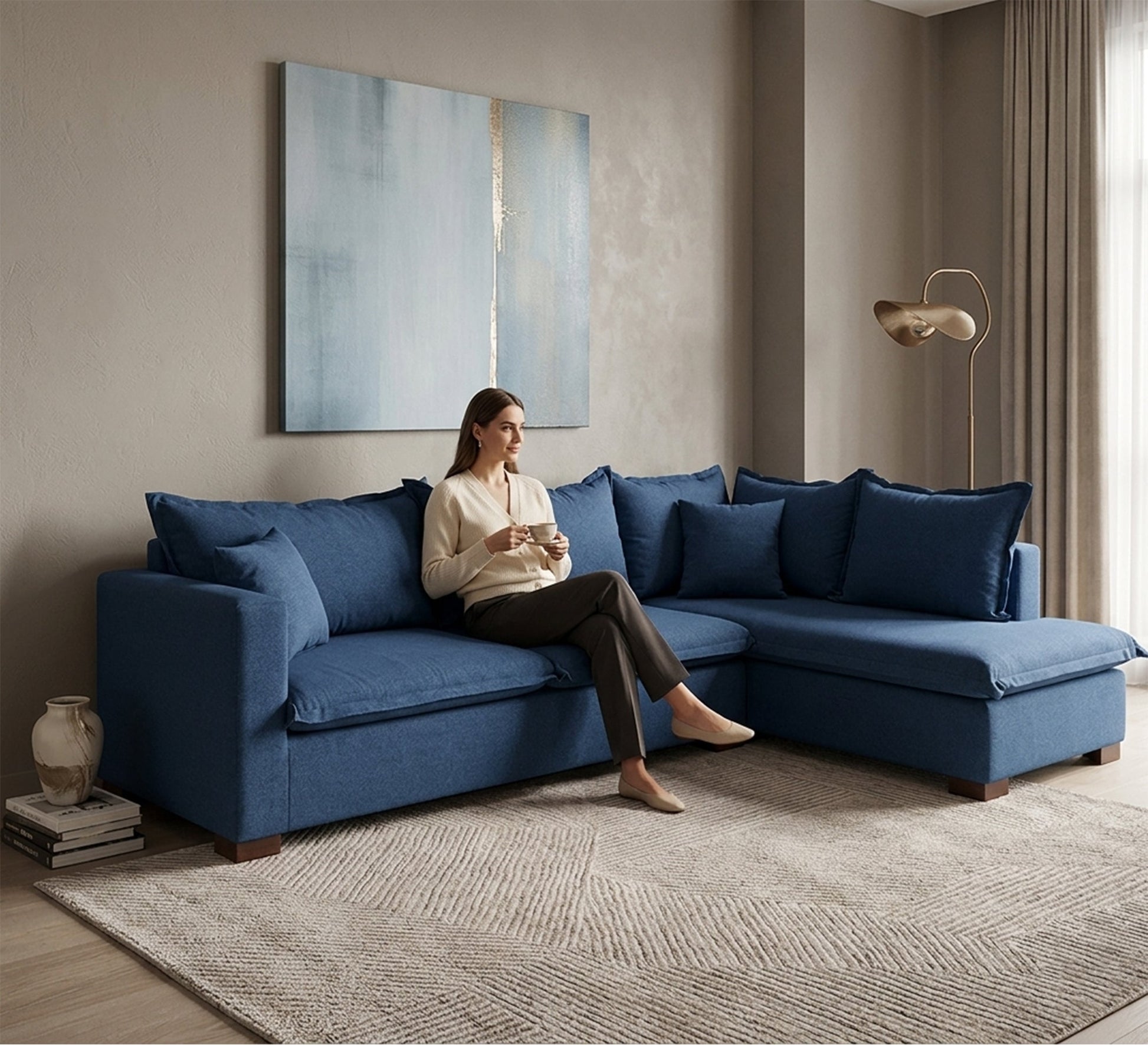 Blue L - shaped sofa - Vitrine Furniture - L - shape sofa set
