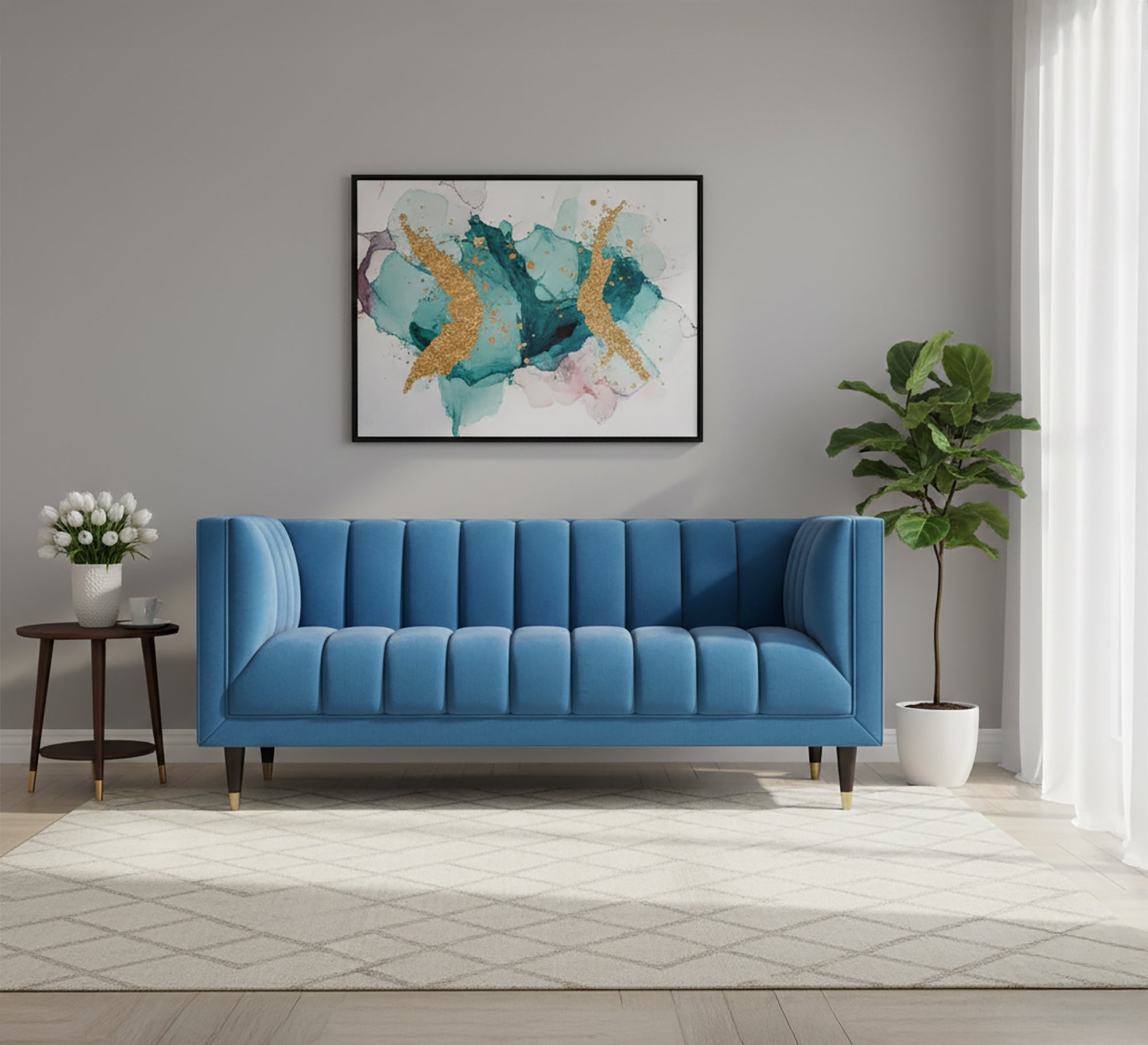 Blue Sofa: Recessed Lines for Modern Elegance - Vitrine Furniture - Living room Sofas
