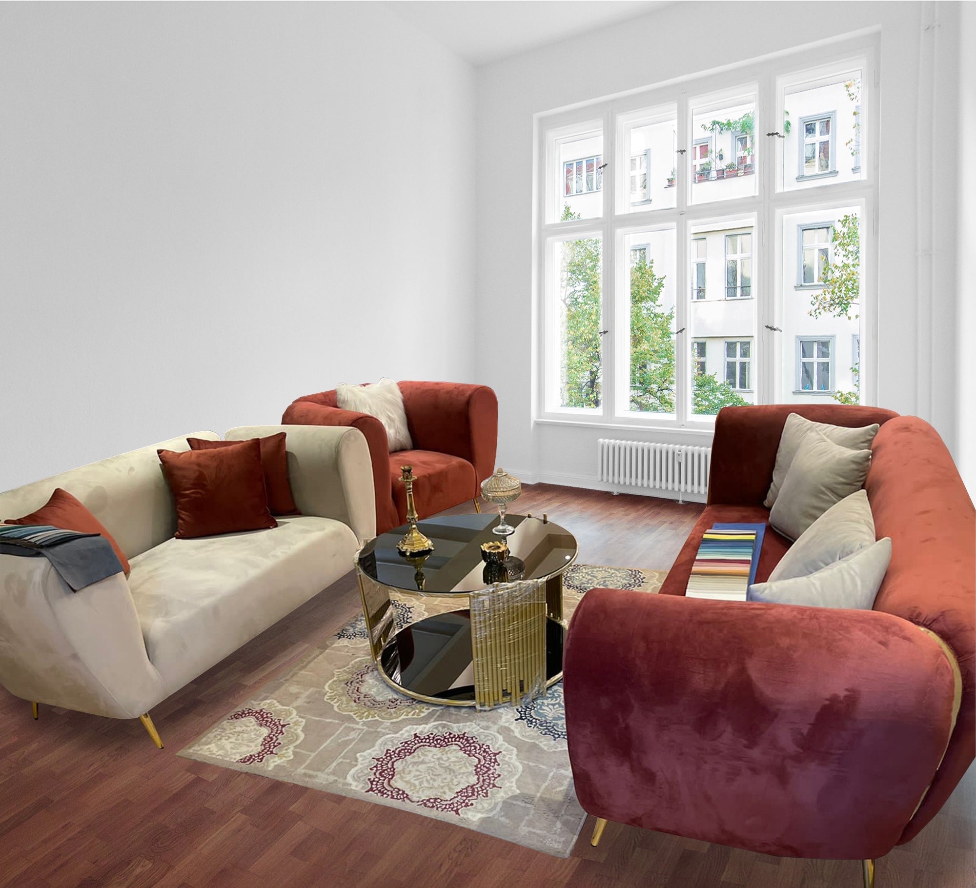 Brick * Beige Living Room Puffed Armrests - Vitrine Furniture - Living room sets