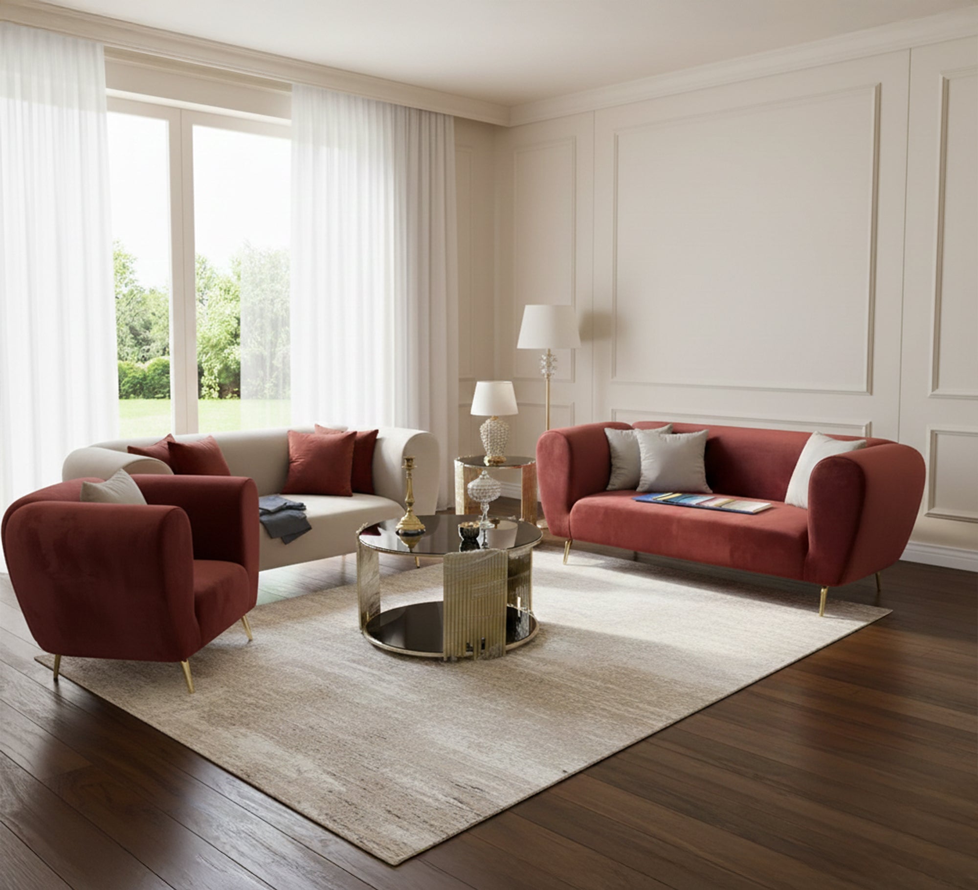 Brick * Beige Living Room Puffed Armrests - Vitrine Furniture - Living room sets