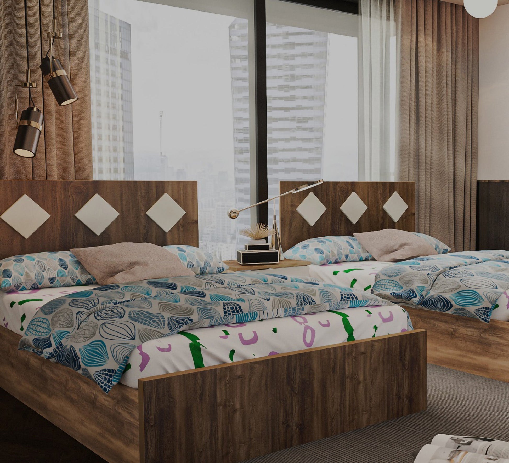 Brown bedroom with two beds - Vitrine Furniture - Bed Sets