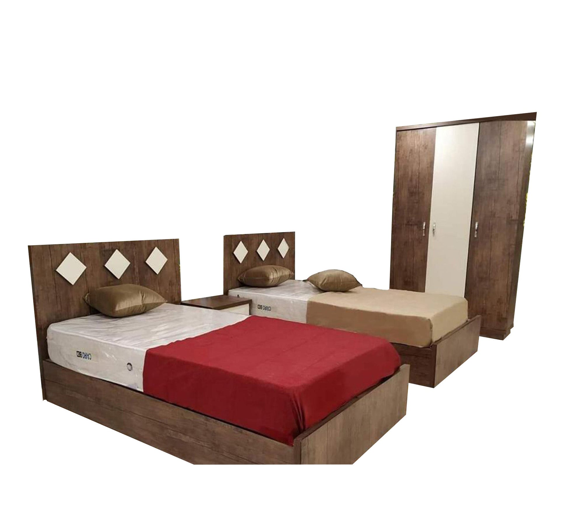 Brown bedroom with two beds - Vitrine Furniture - Bed Sets