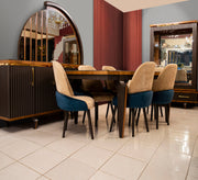 Brown dining room with a semi - circular buffet mirror - Vitrine Furniture - Sets