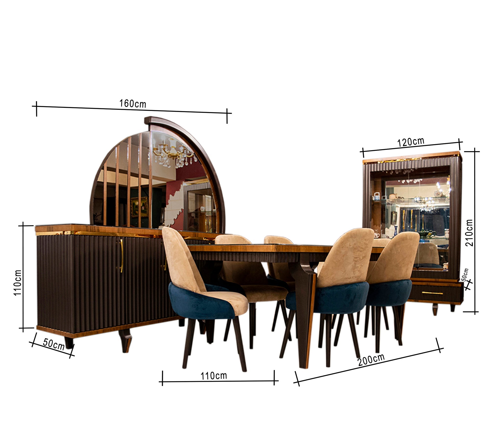 Brown dining room with a semi - circular buffet mirror - Vitrine Furniture - Sets