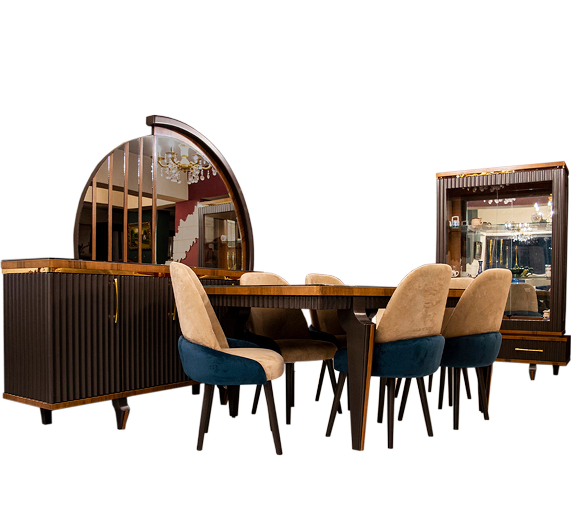 Brown dining room with a semi - circular buffet mirror - Vitrine Furniture - Sets