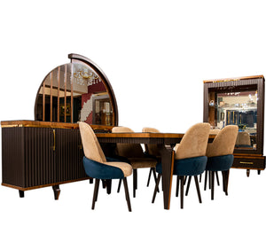 Brown dining room with a semi - circular buffet mirror - Vitrine Furniture - Sets
