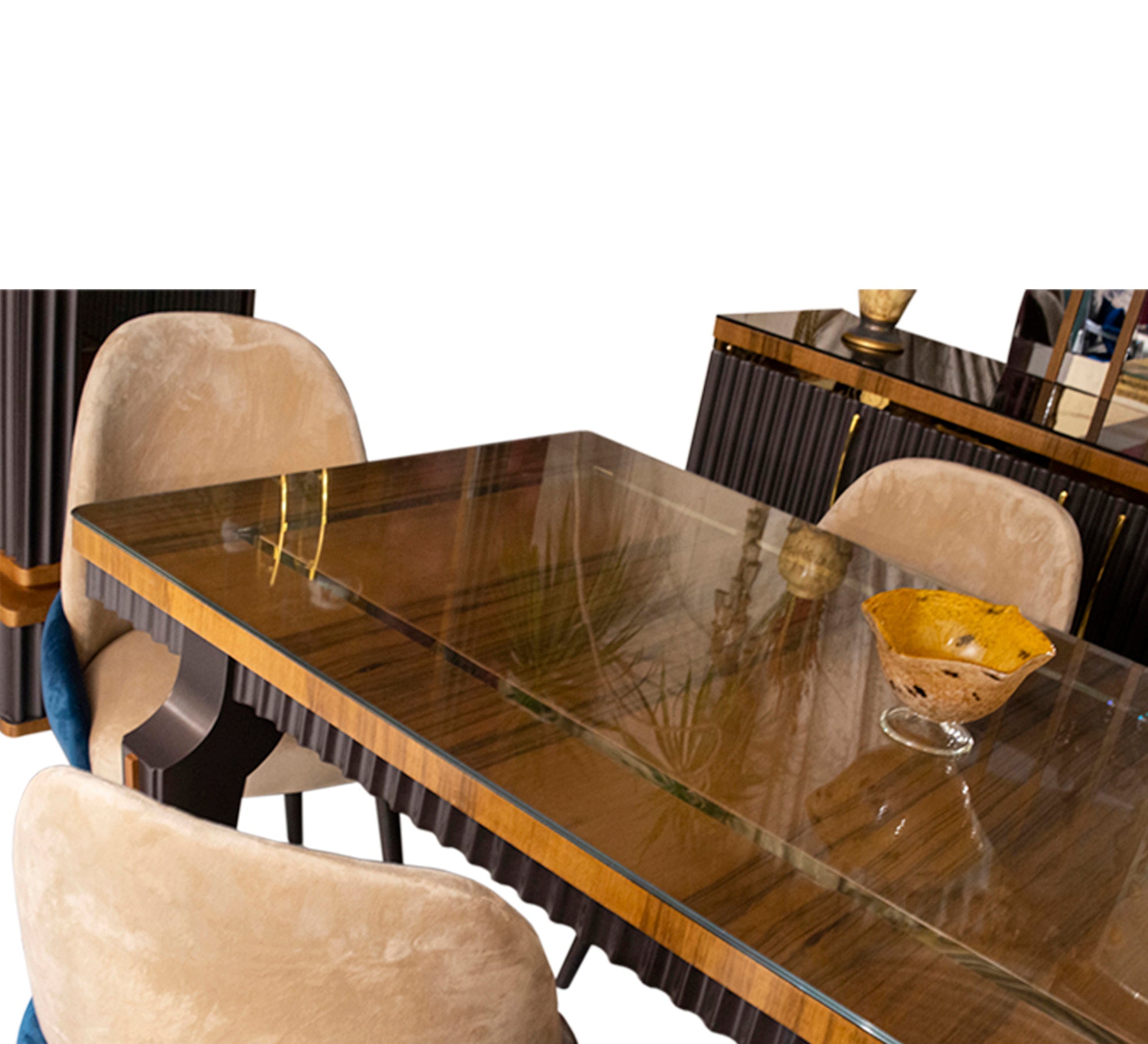 Brown dining room with a semi - circular buffet mirror - Vitrine Furniture - Sets