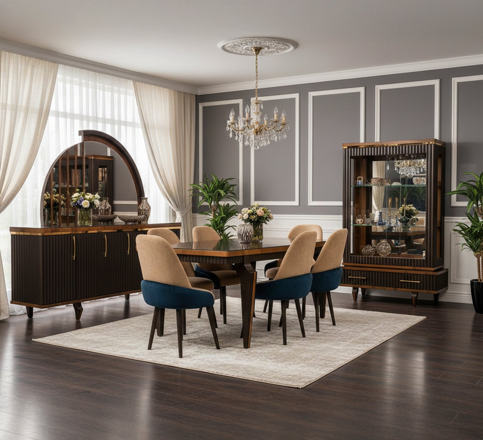 Brown dining room with a semi - circular buffet mirror - Vitrine Furniture - Sets