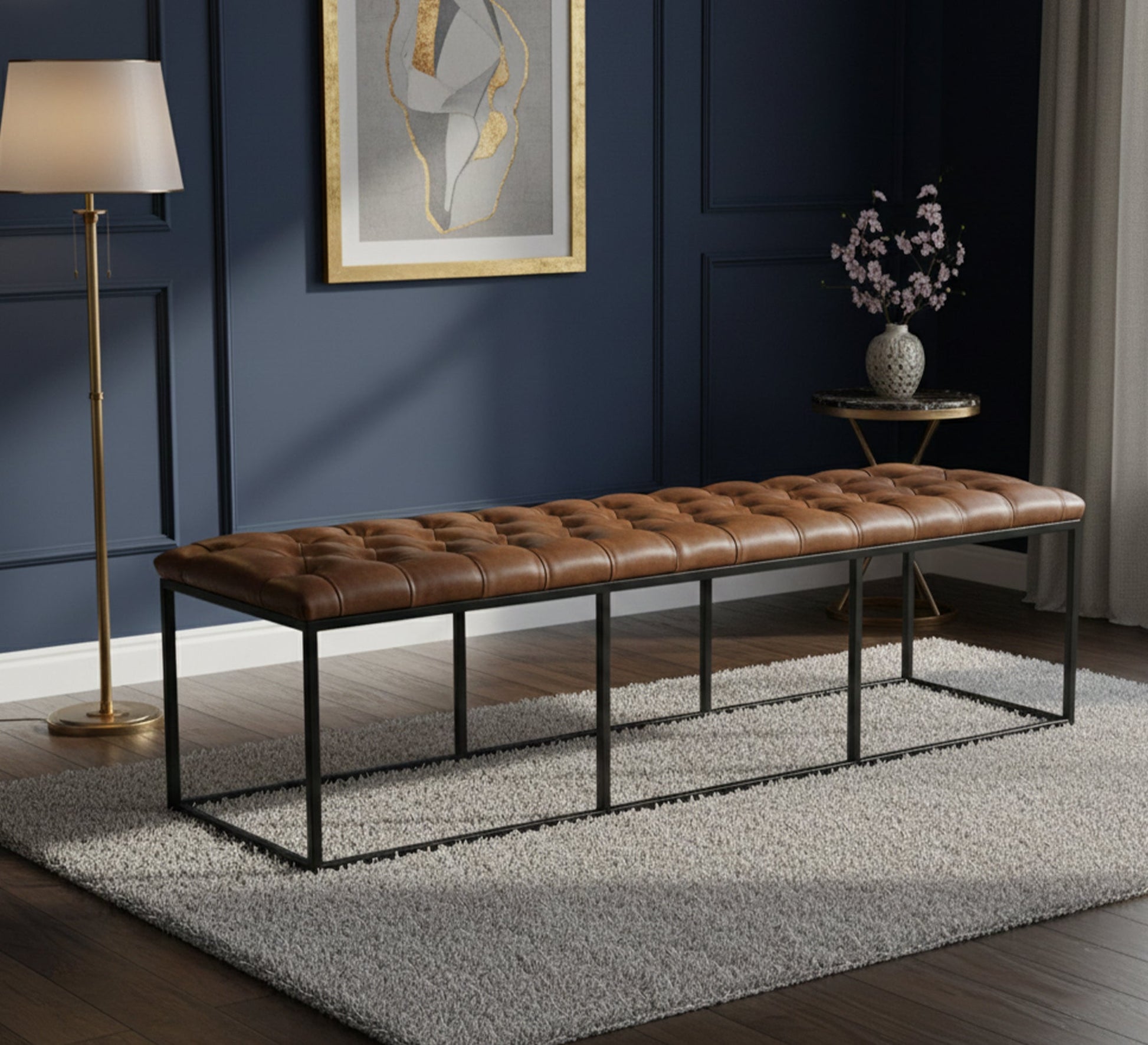 Brown leather quilted bench - Vitrine Furniture - Furniture