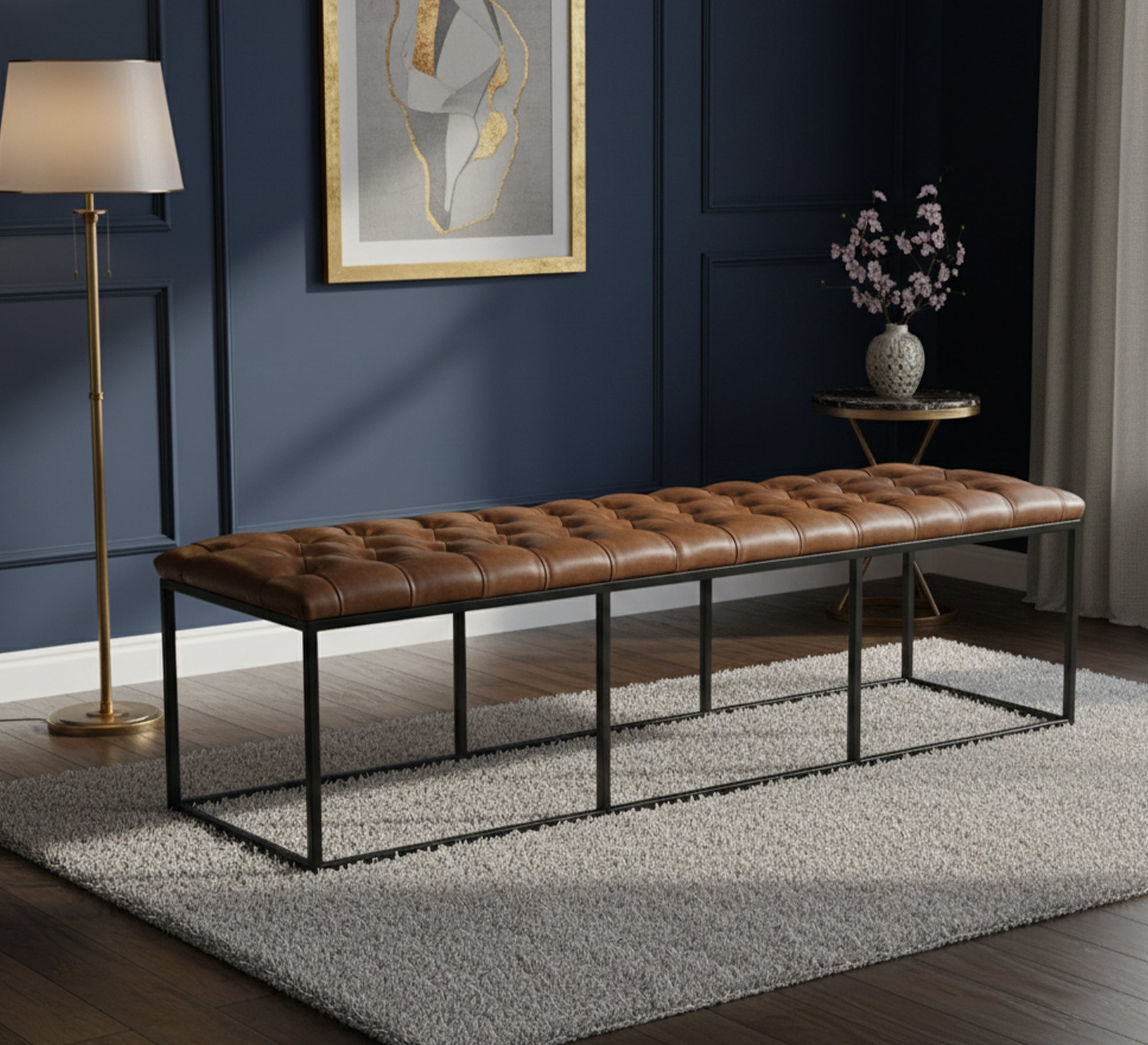 Brown leather quilted bench - Vitrine Furniture - Furniture