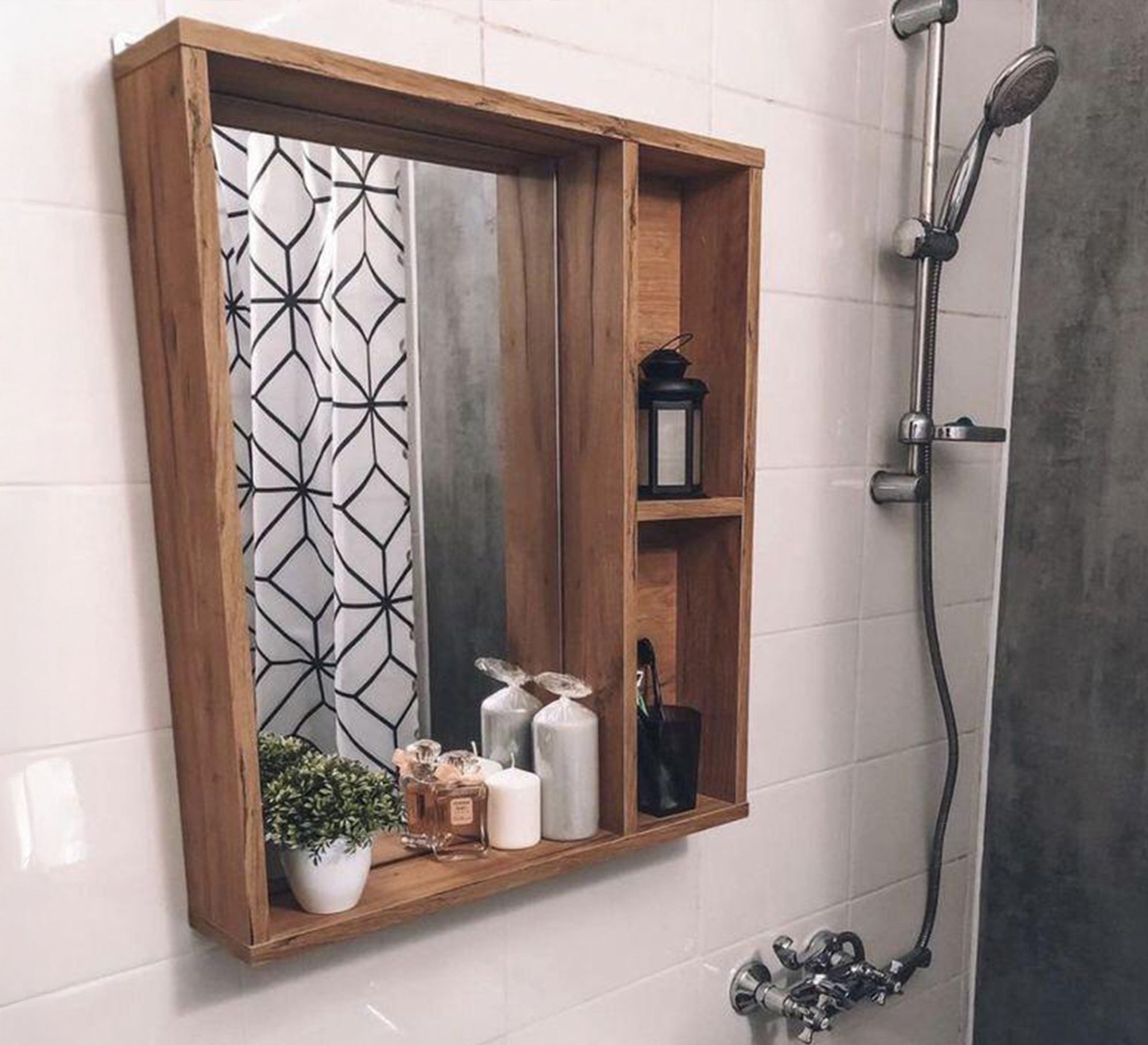 Brown Rectangular Bathroom Mirror with Side Shelves - Vitrine Furniture - Décor