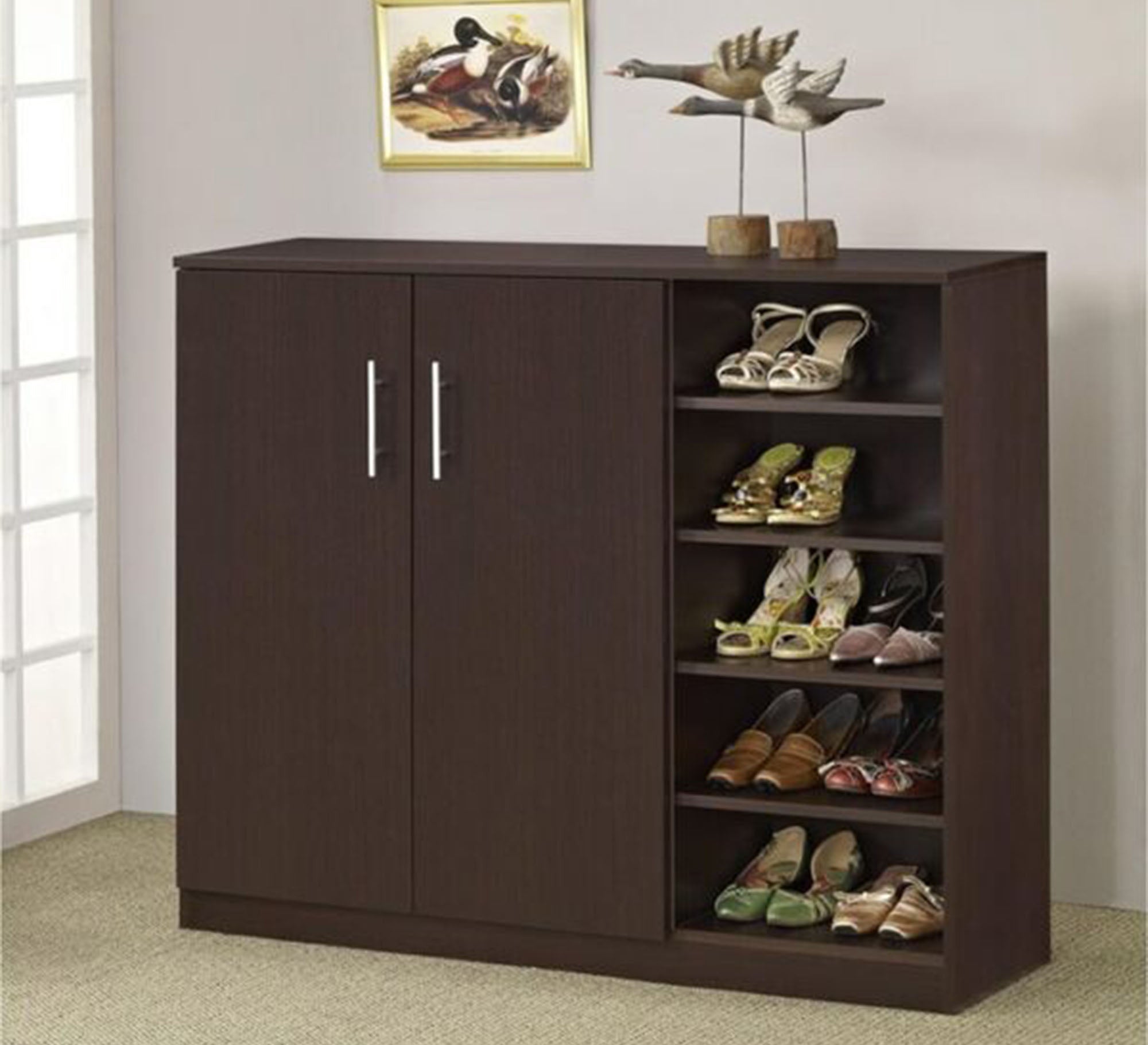 Brown shoe rack with two doors and open shelves - Vitrine Furniture - Furniture