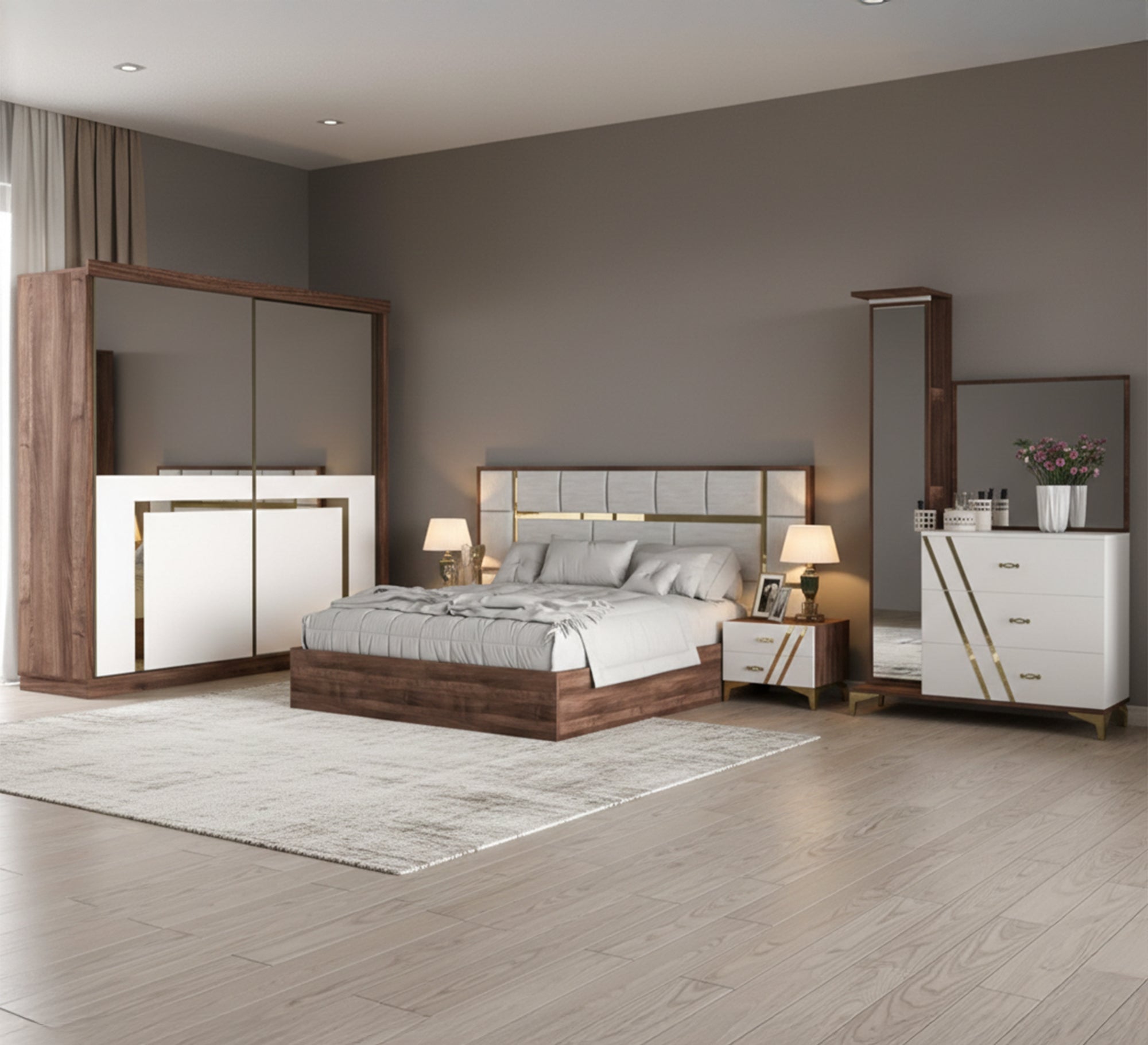 Brown wood, white La Vista bedroom - Vitrine Furniture - Bed Sets