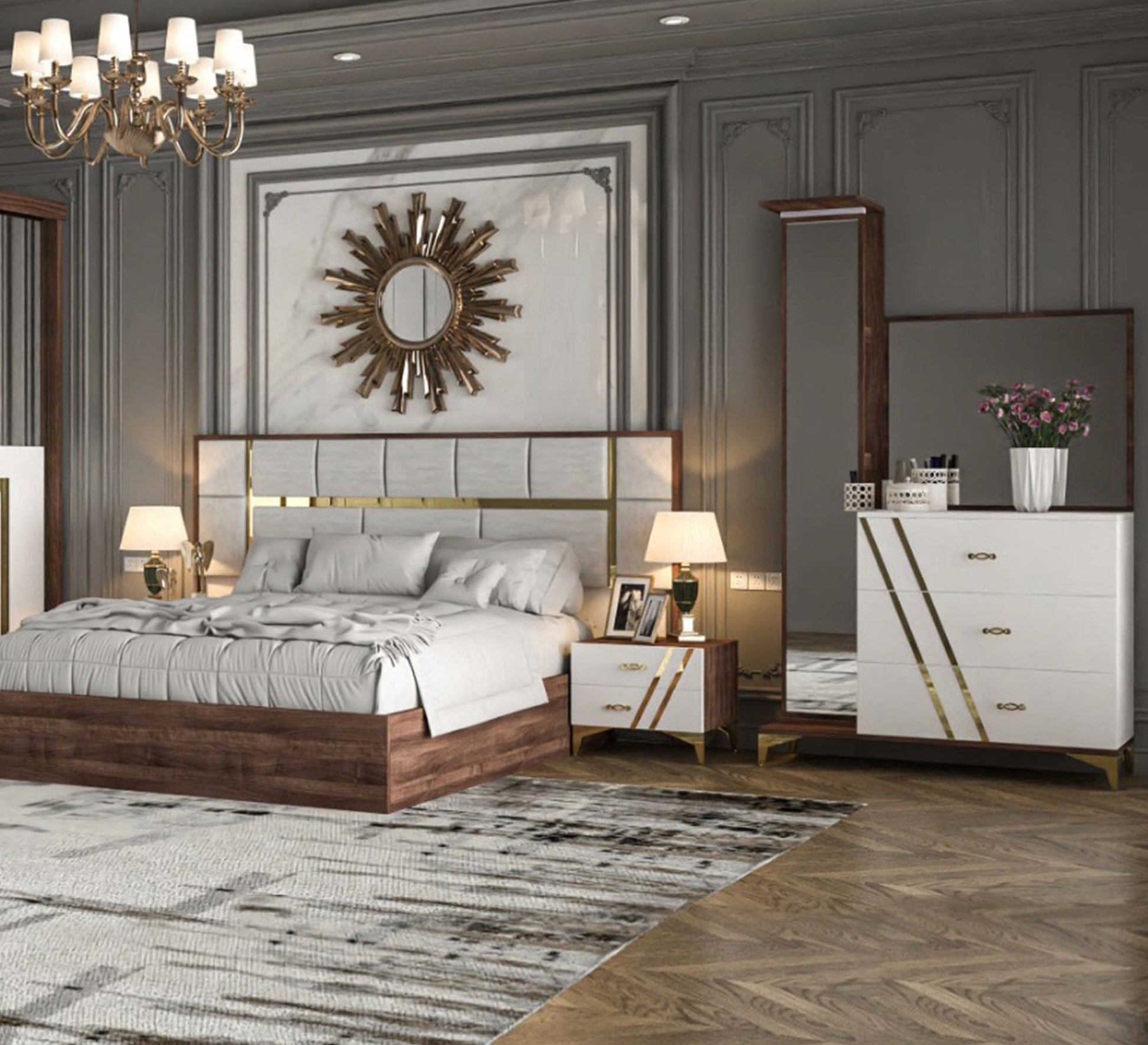 Brown wood, white La Vista bedroom - Vitrine Furniture - Bed Sets