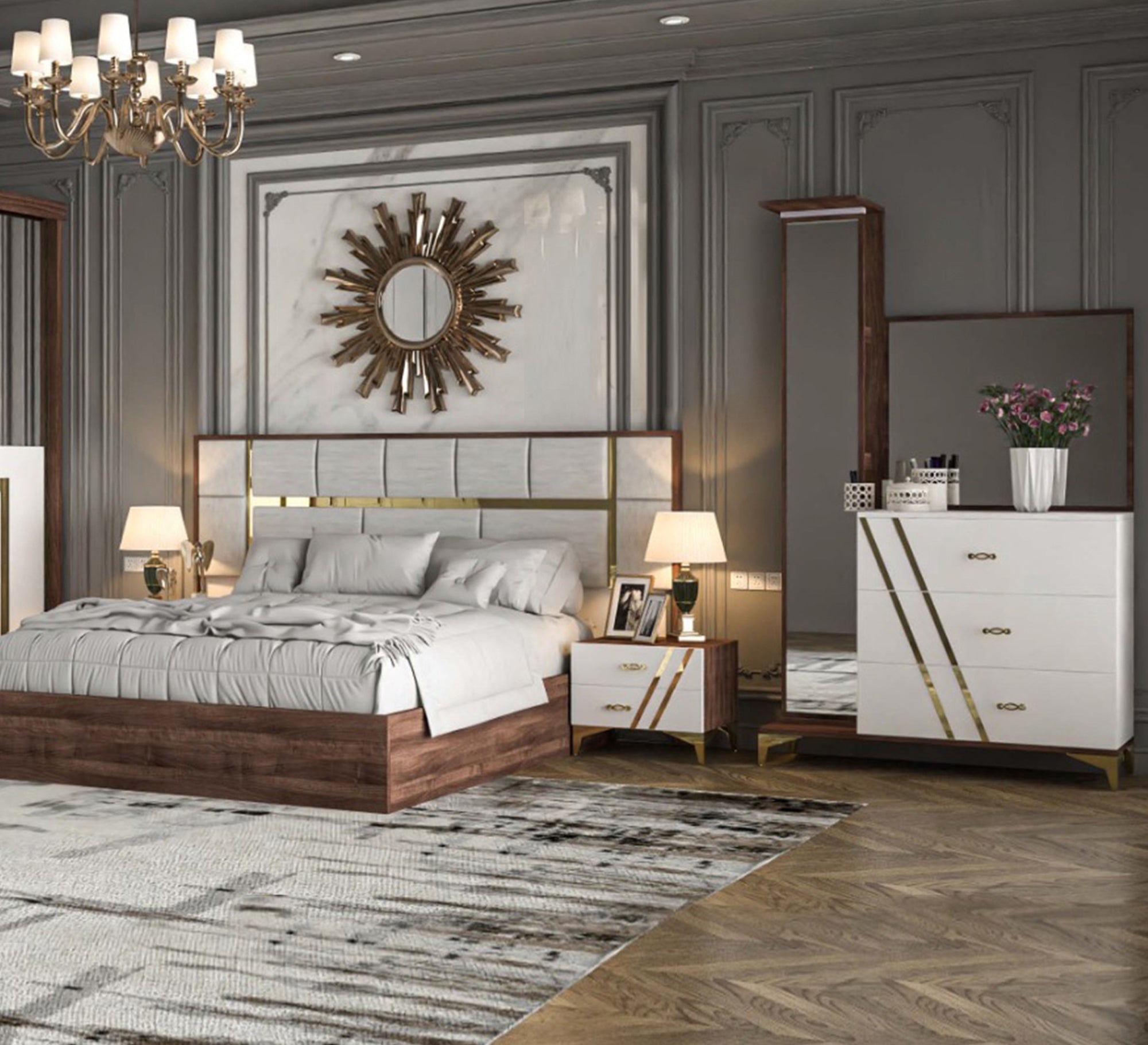 Brown wood, white La Vista bedroom - Vitrine Furniture - Bed Sets